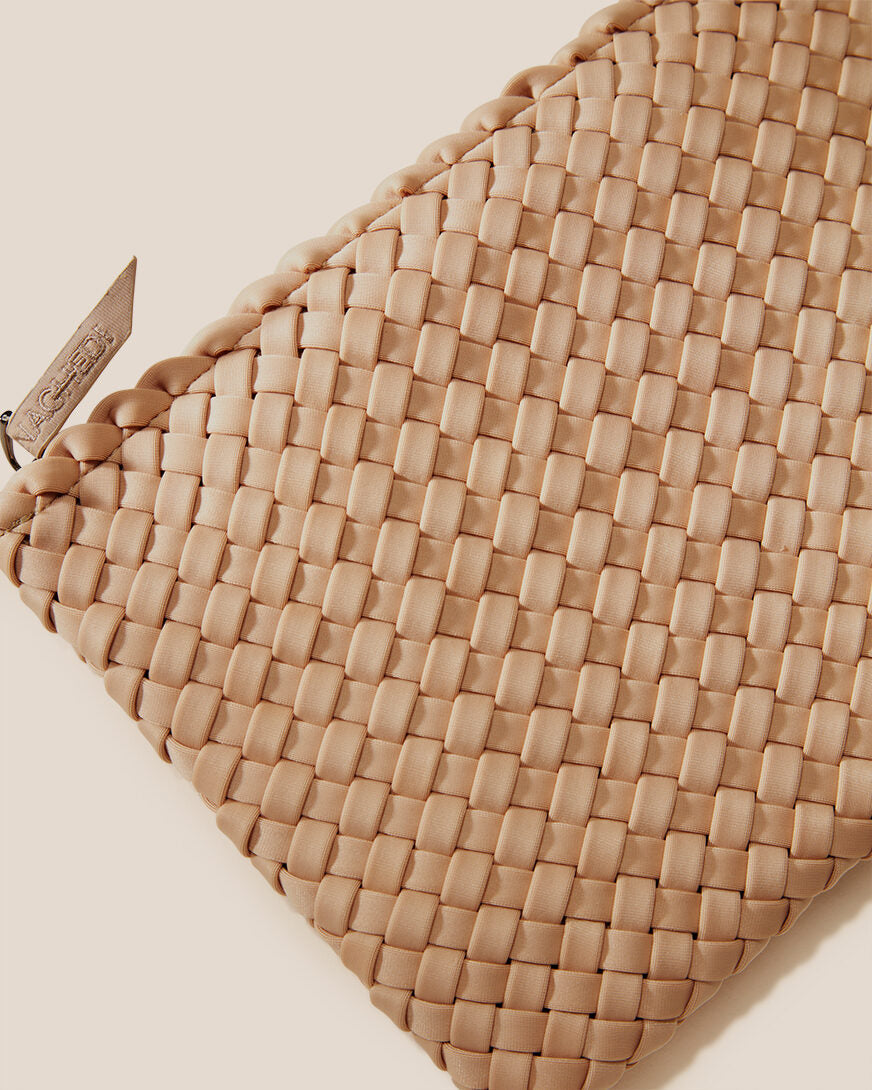 Close-up of included matching woven zippered pouch.