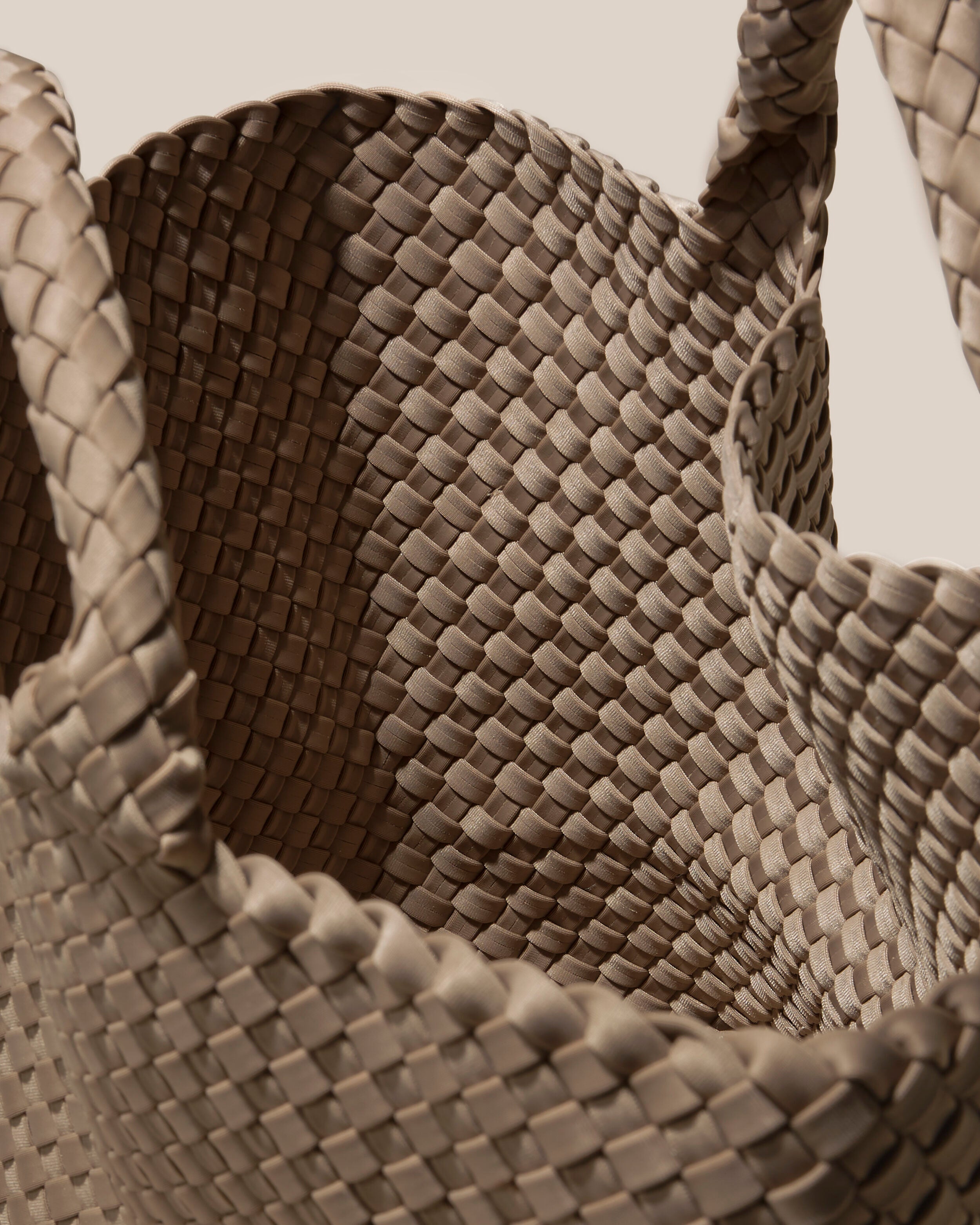 Interior close-up of St. Barths Tote in Cashmere showing its open top, and unlined interior.