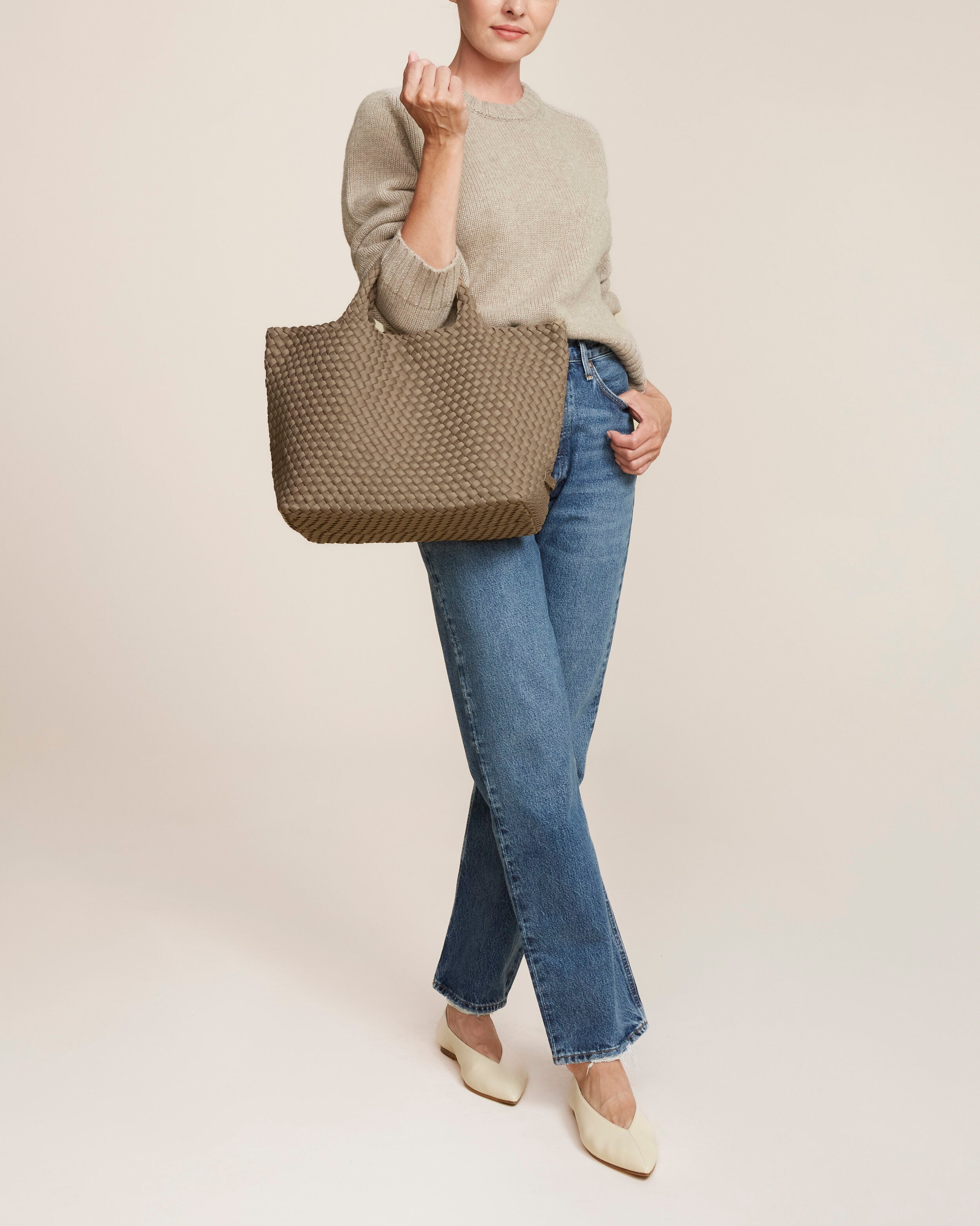 St. Barths Tote in Cashmere shown on model to illustrate scale and soft silhouette.