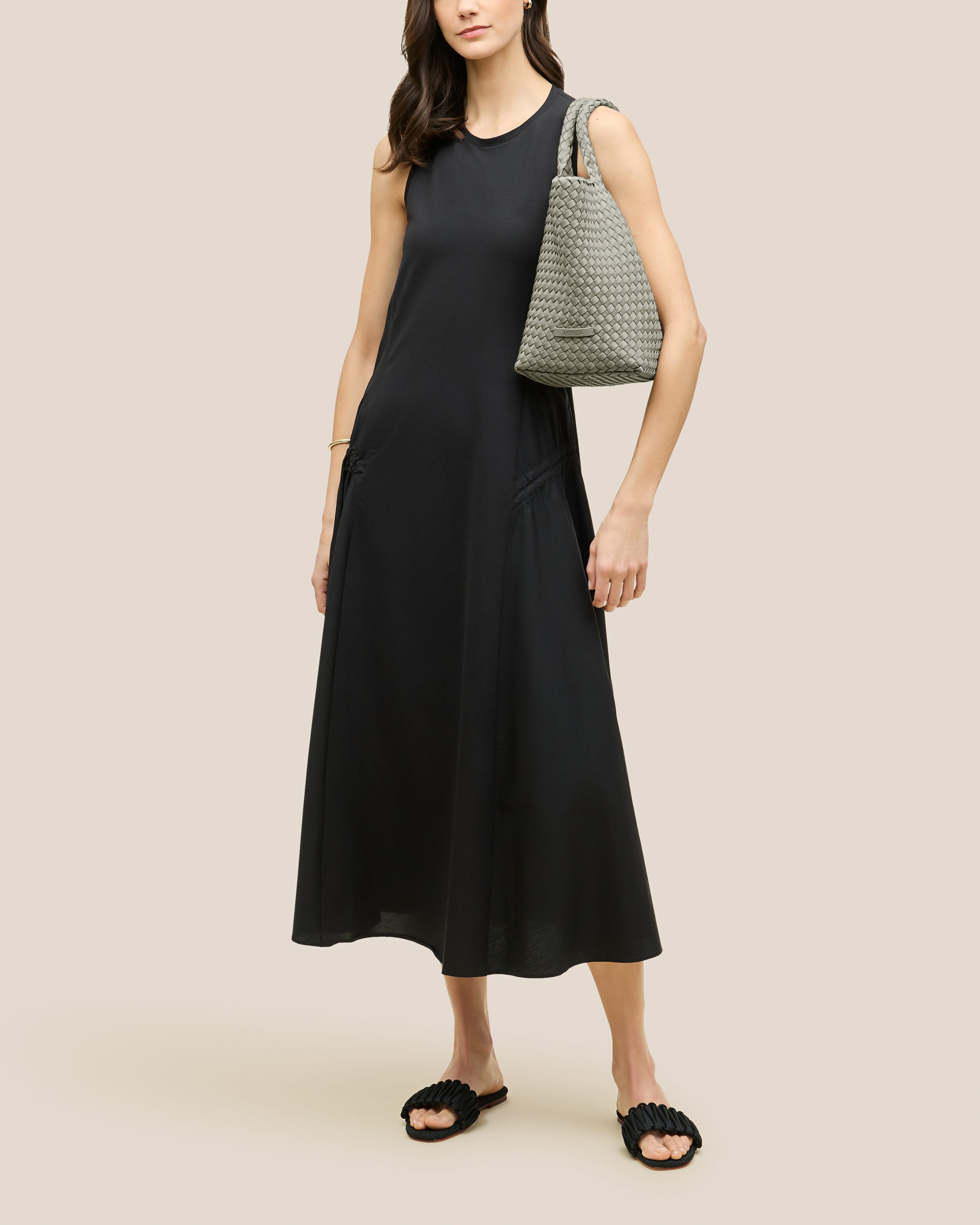 St. Barths Tote in Celadon shown on model to illustrate scale and soft silhouette.