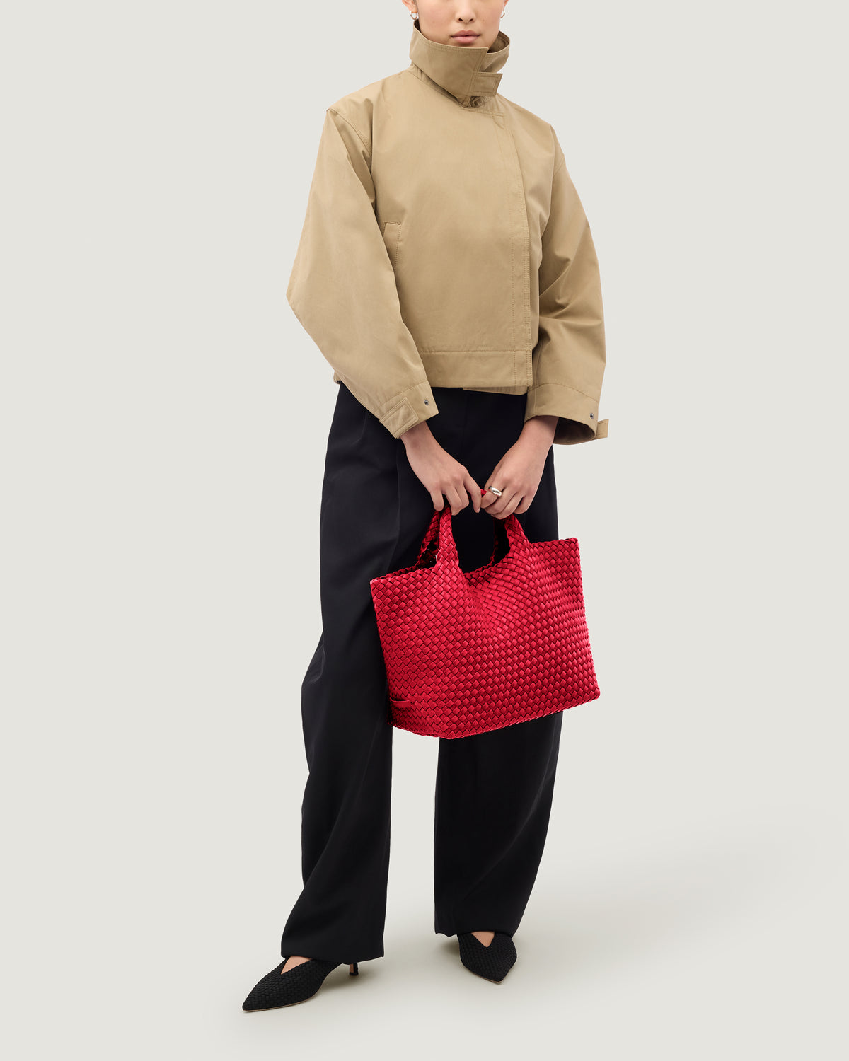 St. Barths Tote in Cerise shown on model to illustrate scale and soft silhouette.