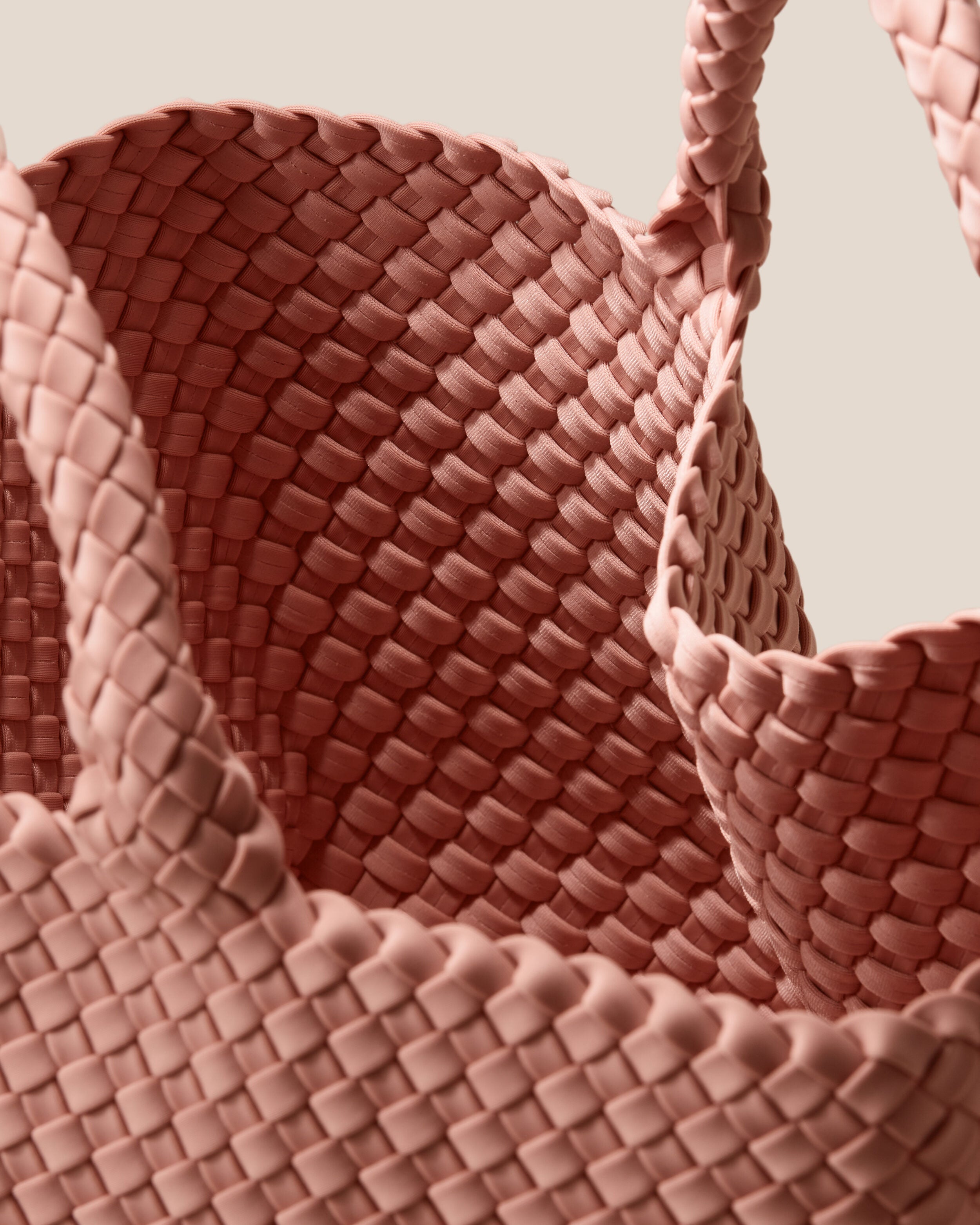 Interior close-up of St. Barths Tote in Dusk showing its open top, and unlined interior.