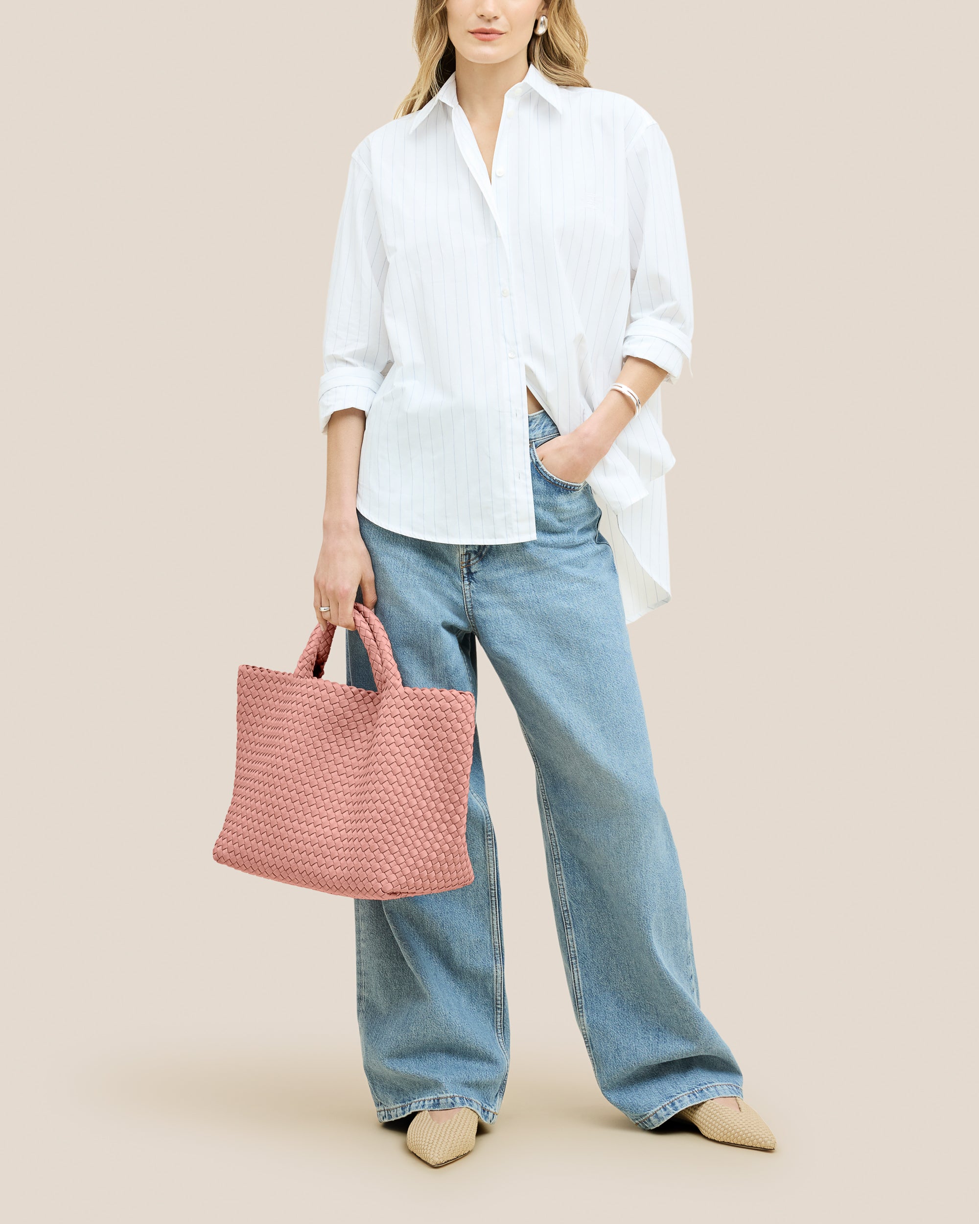 St. Barths Medium Tote Bag in Dusk shown on model to illustrate scale and soft silhouette.
