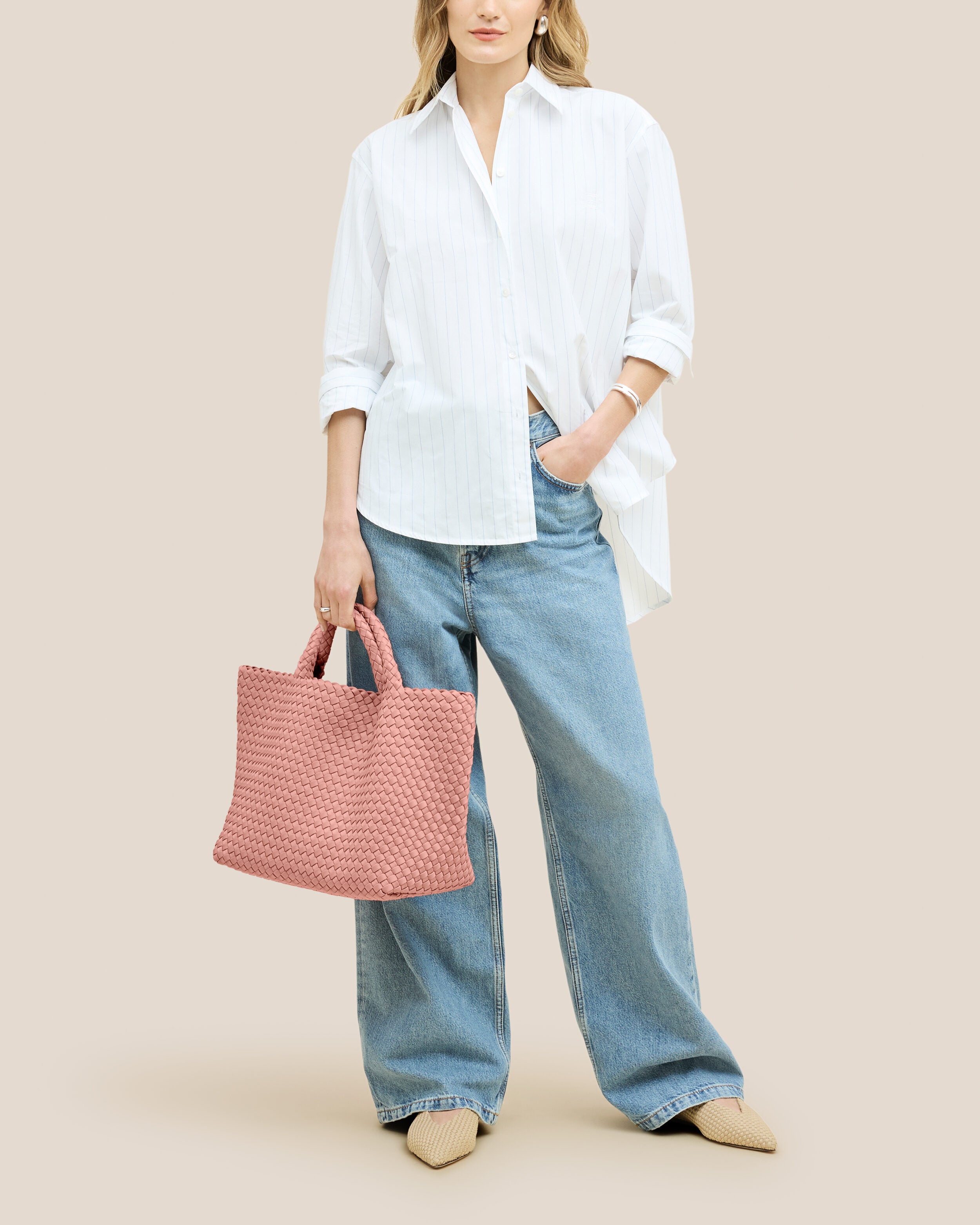 St. Barths Tote in Dusk shown on model to illustrate scale and soft silhouette.