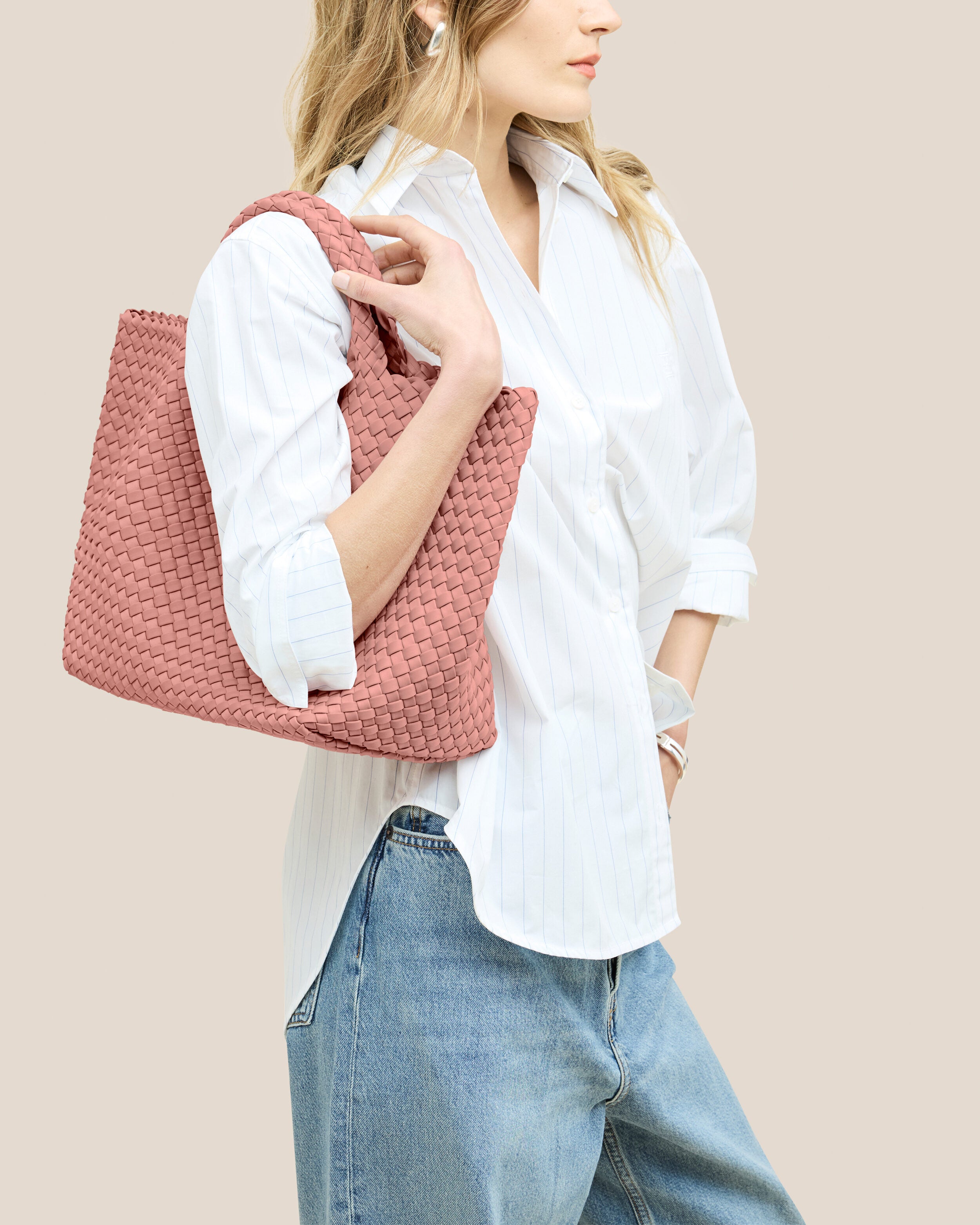 St. Barths Tote in Dusk shown on model to illustrate scale and soft silhouette.