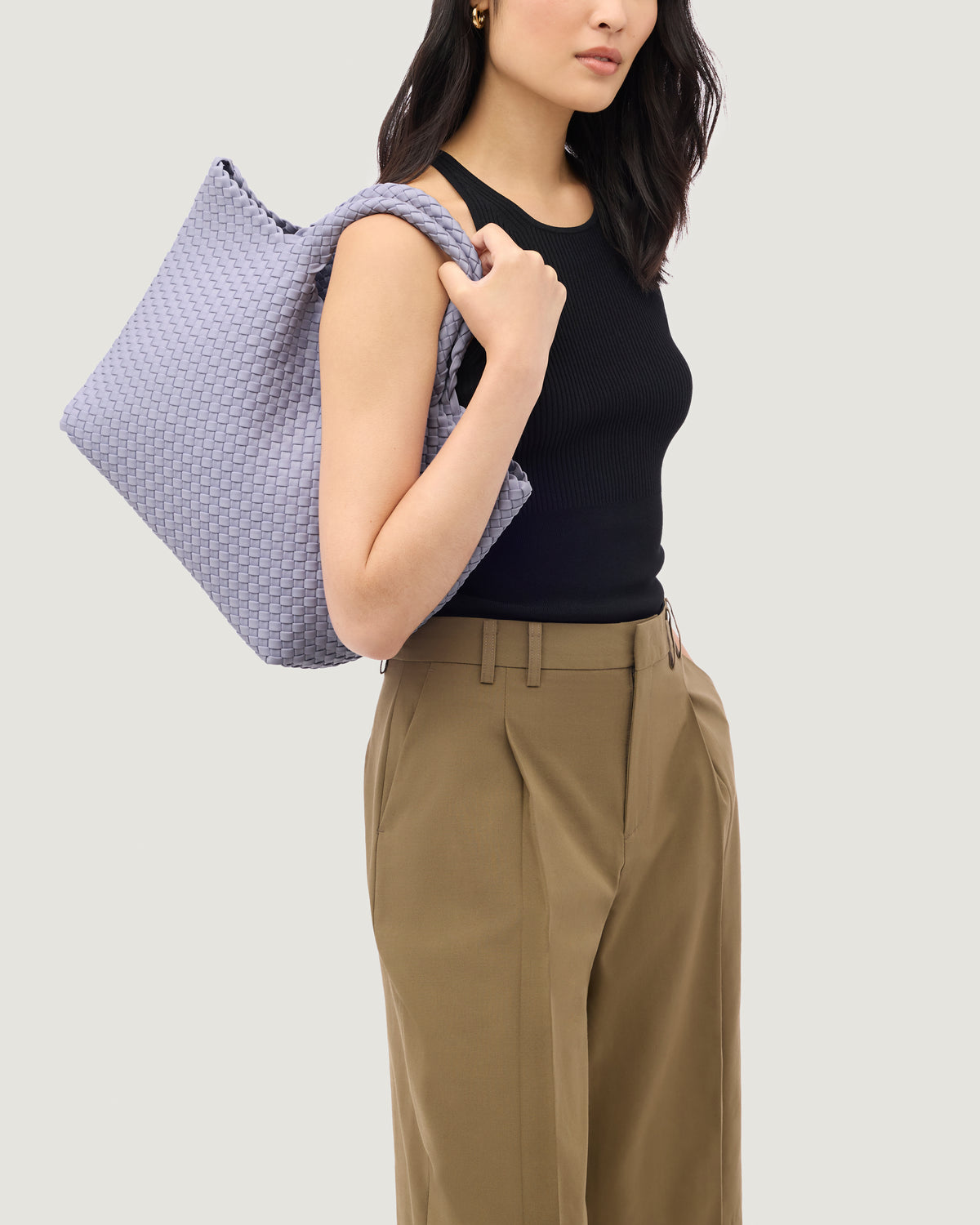 St. Barths Tote in Lilac shown on model to illustrate scale and soft silhouette.