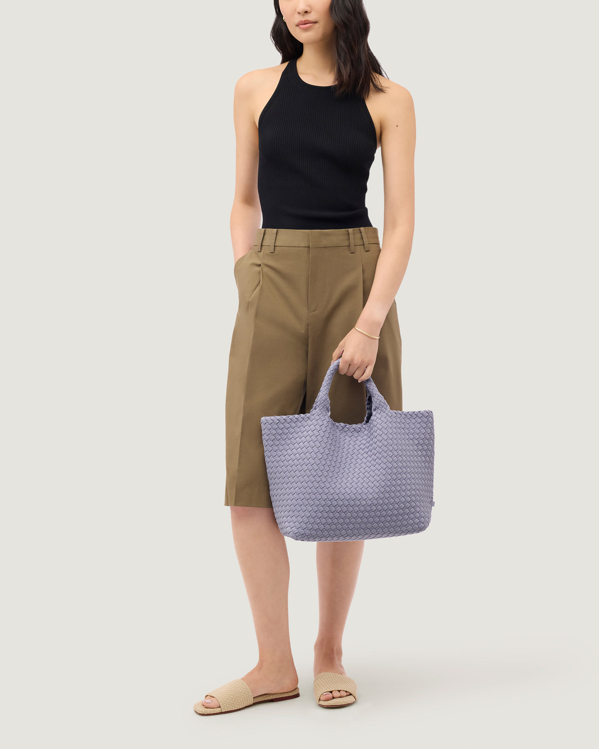 St. Barths Tote in Lilac shown on model to illustrate scale and soft silhouette.