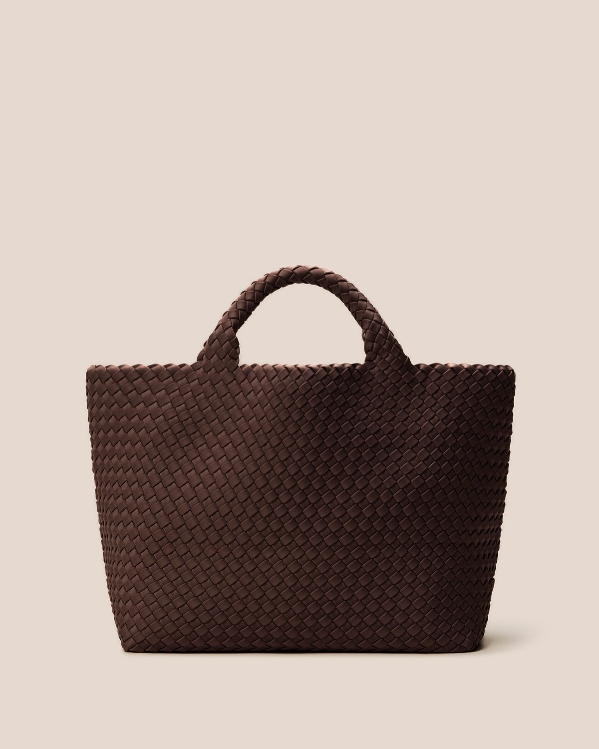 St. Barths Tote in Mocha in handwoven neoprene, featuring an open top, and woven top handles.