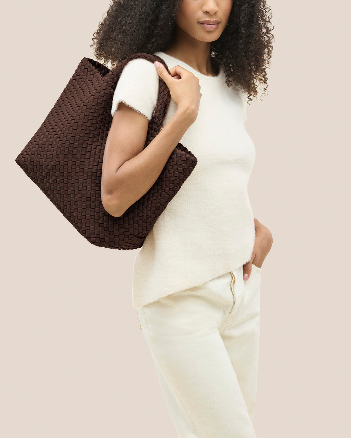 St. Barths Tote in Mocha shown on model to illustrate scale and soft silhouette.