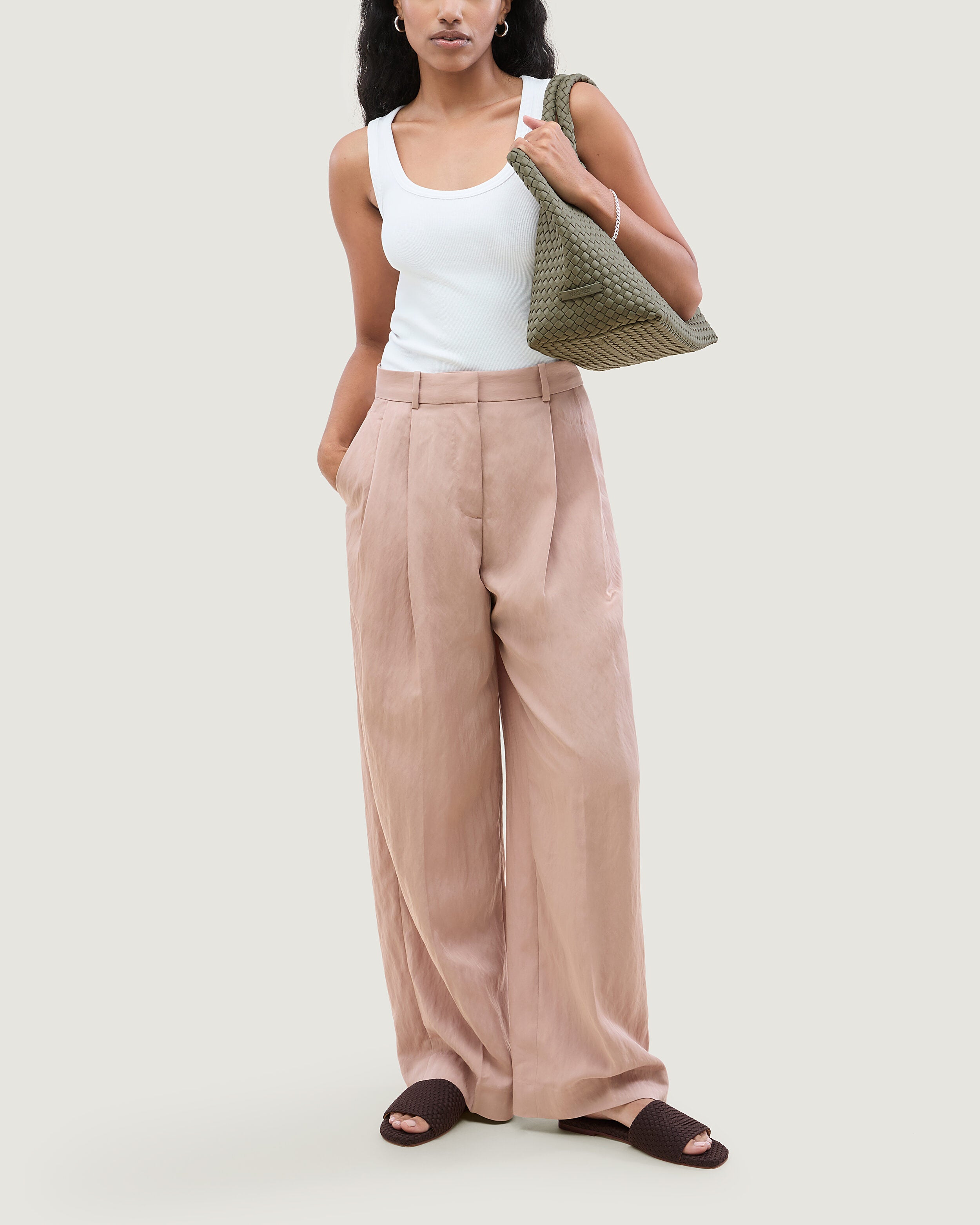 St. Barths Tote in Olea shown on model to illustrate scale and soft silhouette.