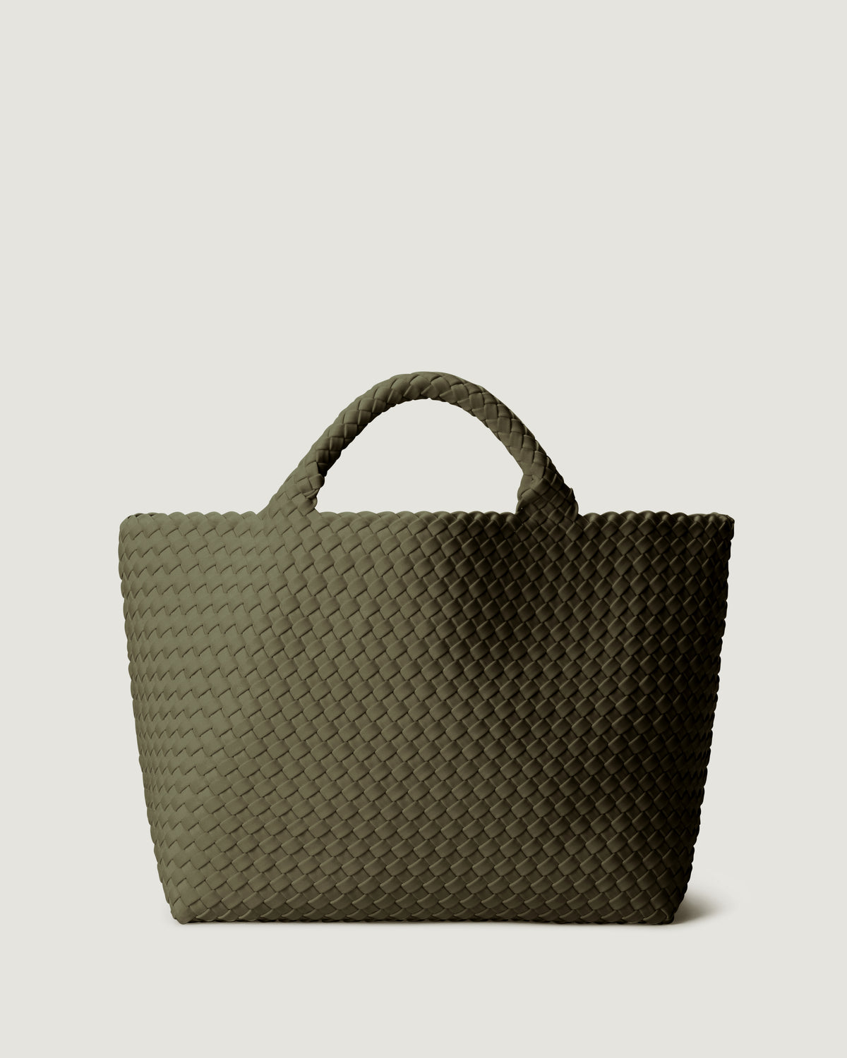 St. Barths Tote in Olive, an olive green tone, in handwoven neoprene, featuring an magnetic closure, and woven top handles.