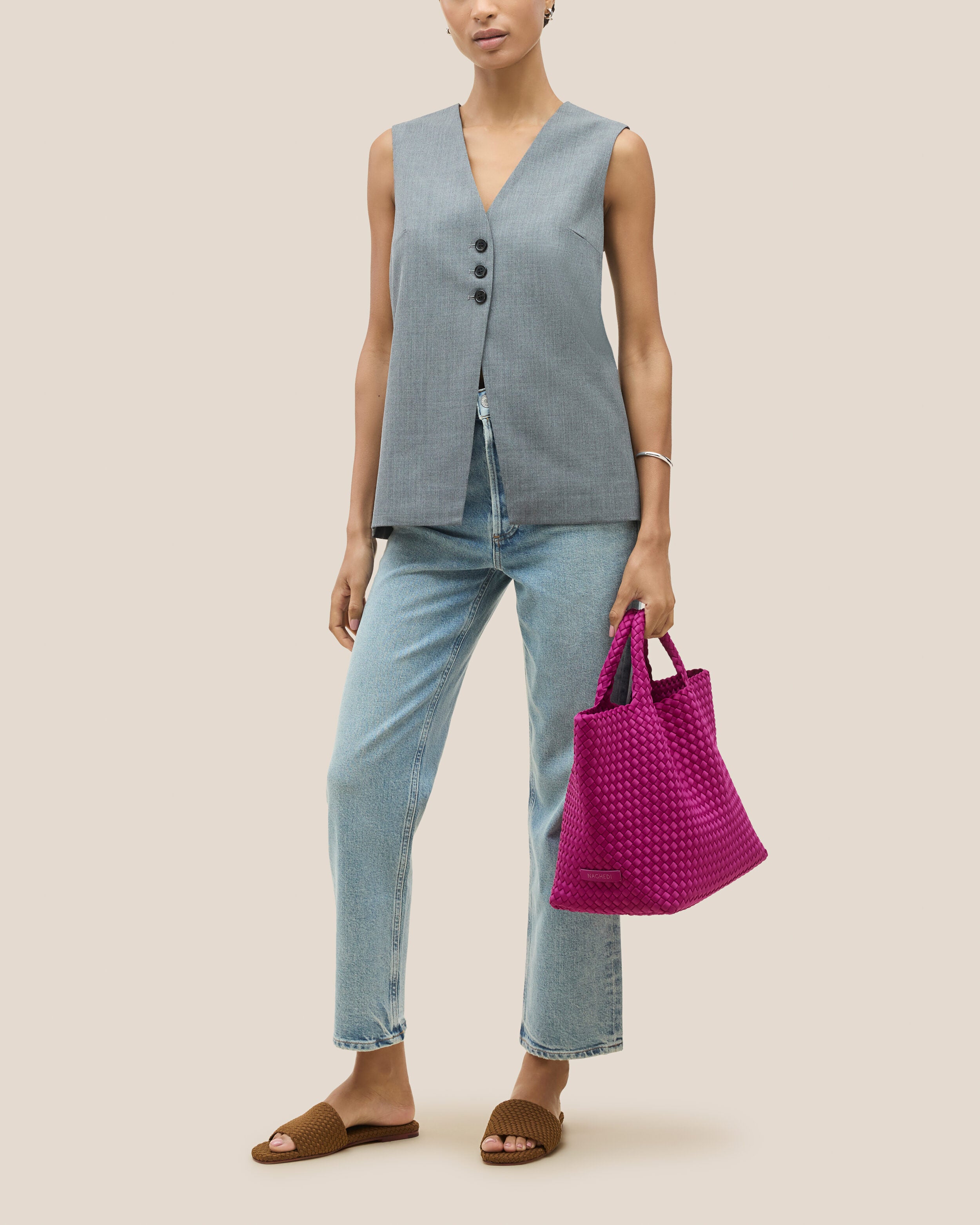 St. Barths Tote in Rio shown on model to illustrate scale and soft silhouette.
