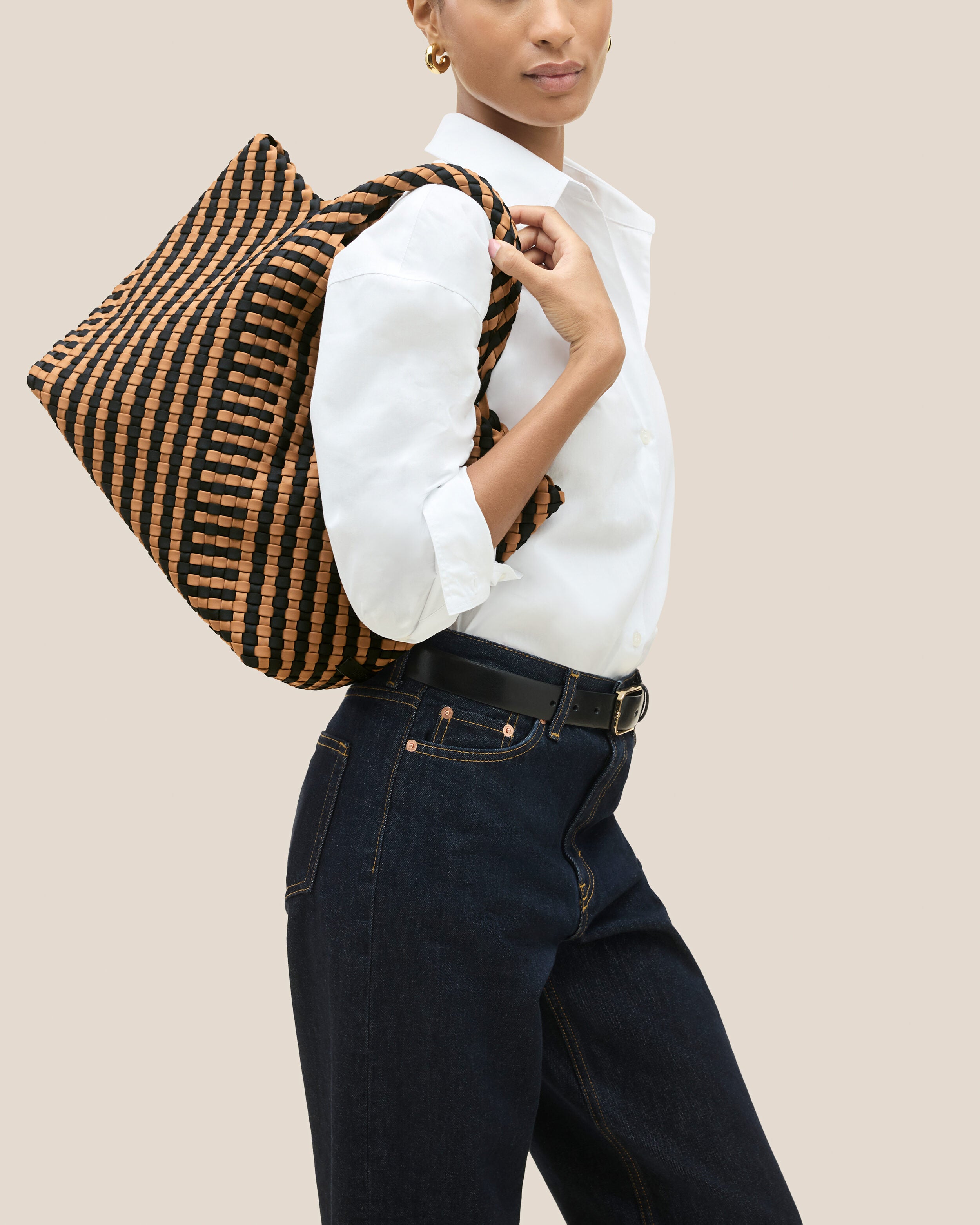 St. Barths Tote in Ravenna shown on model to illustrate scale and soft silhouette.