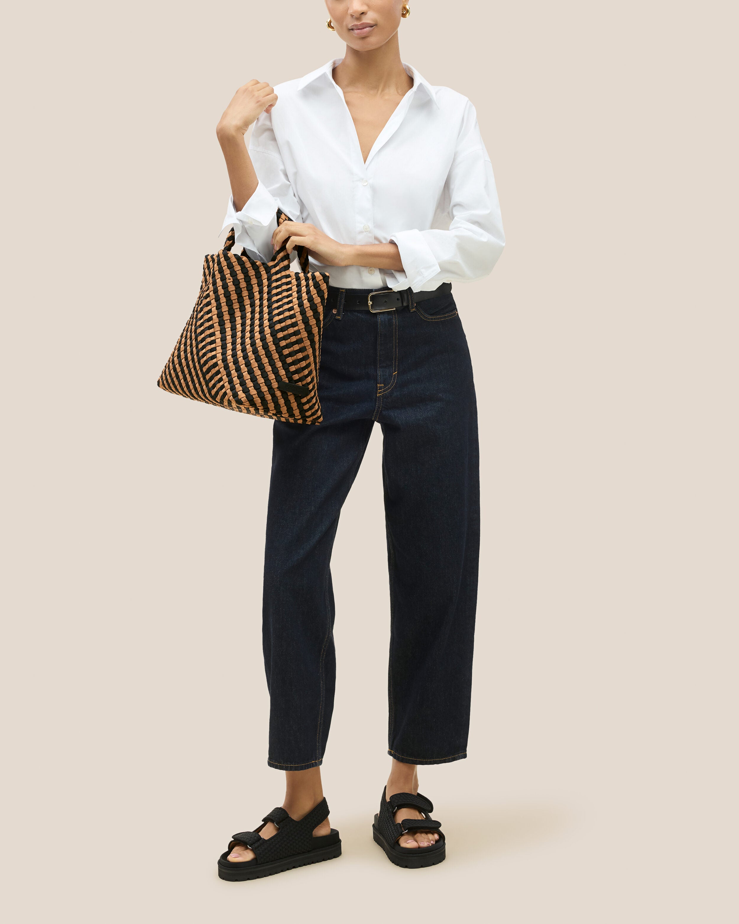 St. Barths Tote in Ravenna shown on model to illustrate scale and soft silhouette.