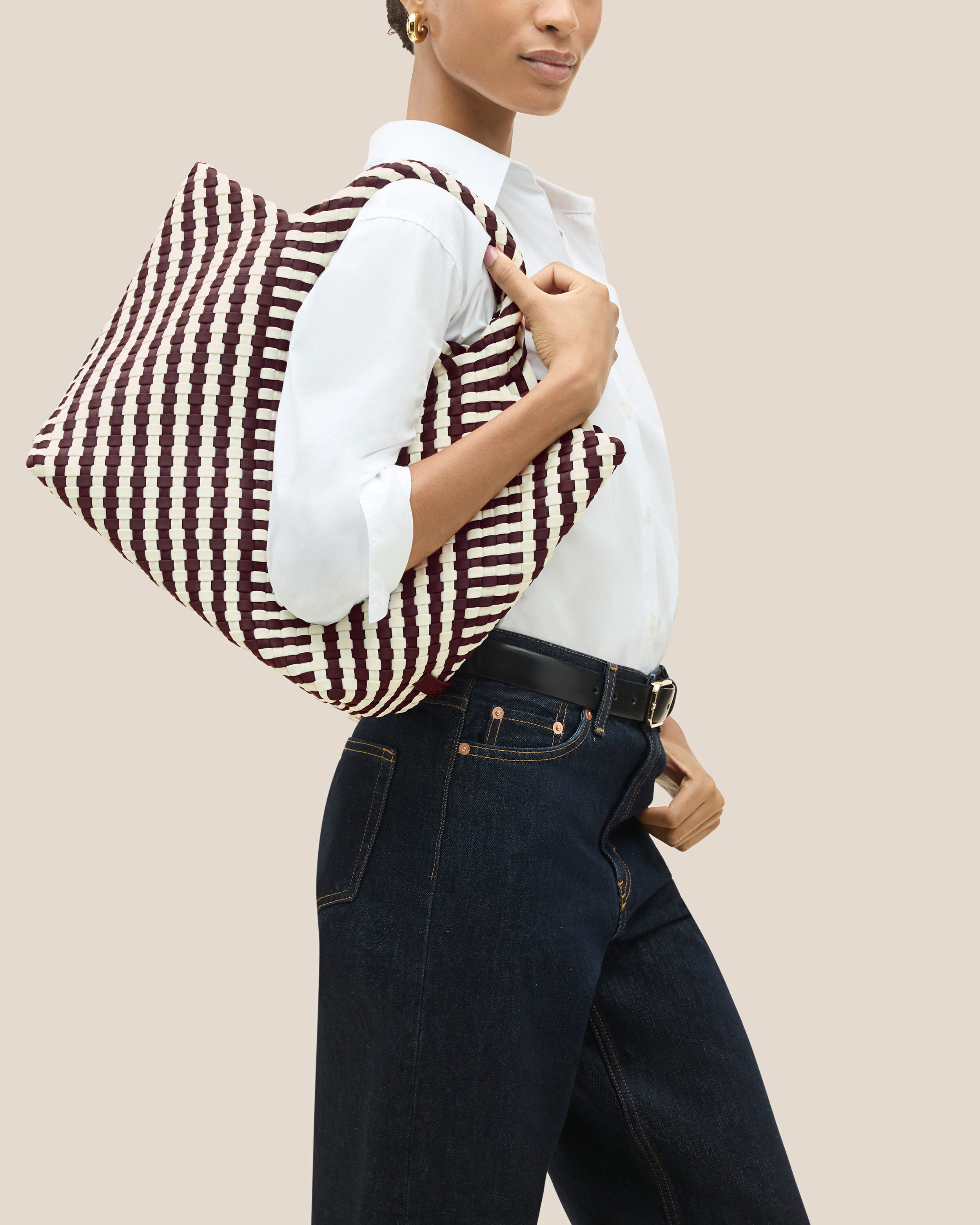 St. Barths Tote in Roma shown on model to illustrate scale and soft silhouette.