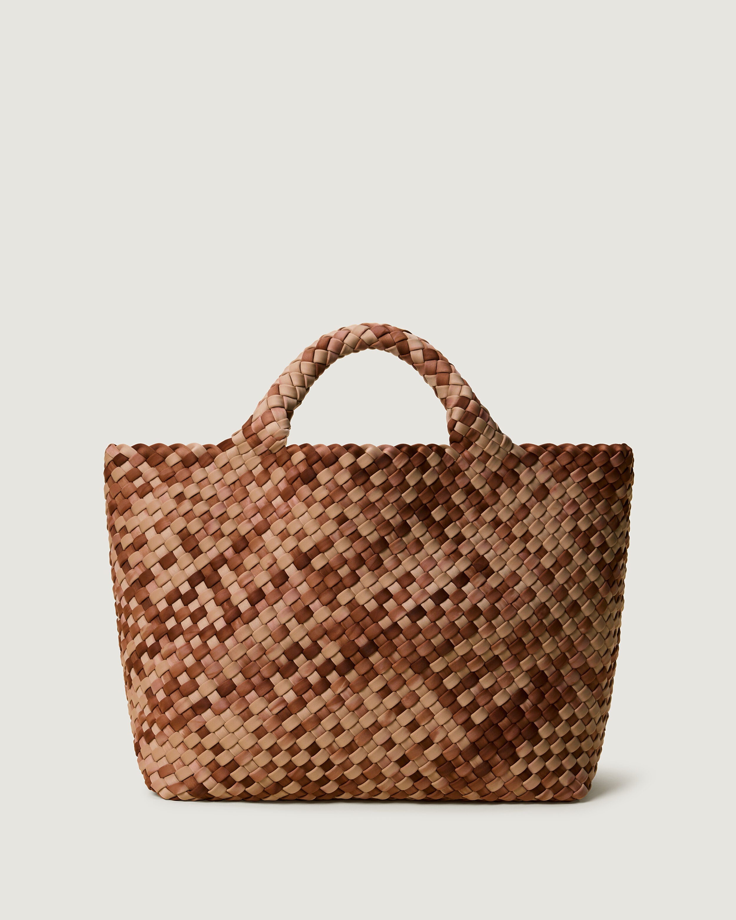 St. Barths Tote in Fez, a camel brown and saddle brown tone, in handwoven neoprene, featuring an open top, and woven top handles.