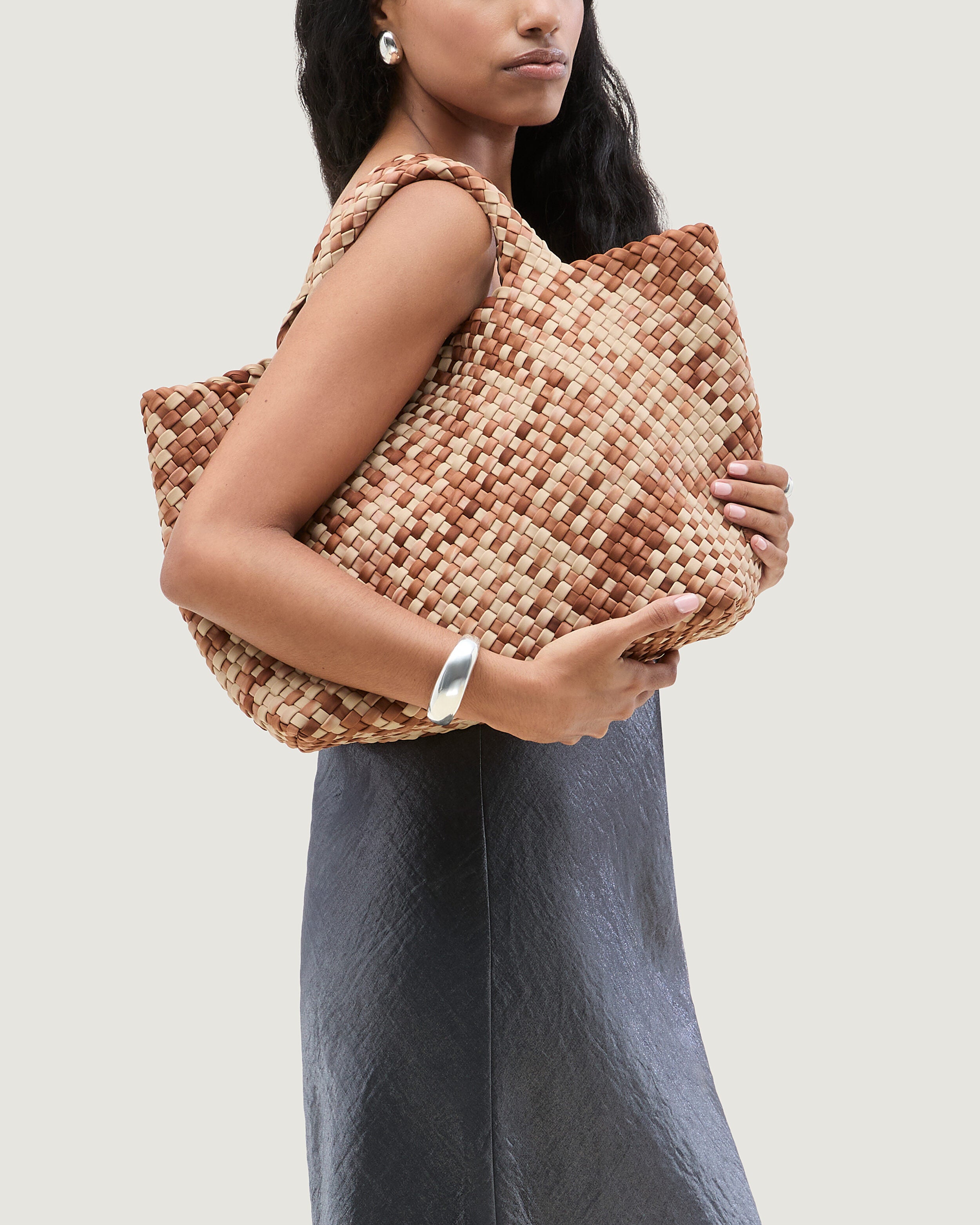 St. Barths Tote in Fez shown on model to illustrate scale and soft silhouette.