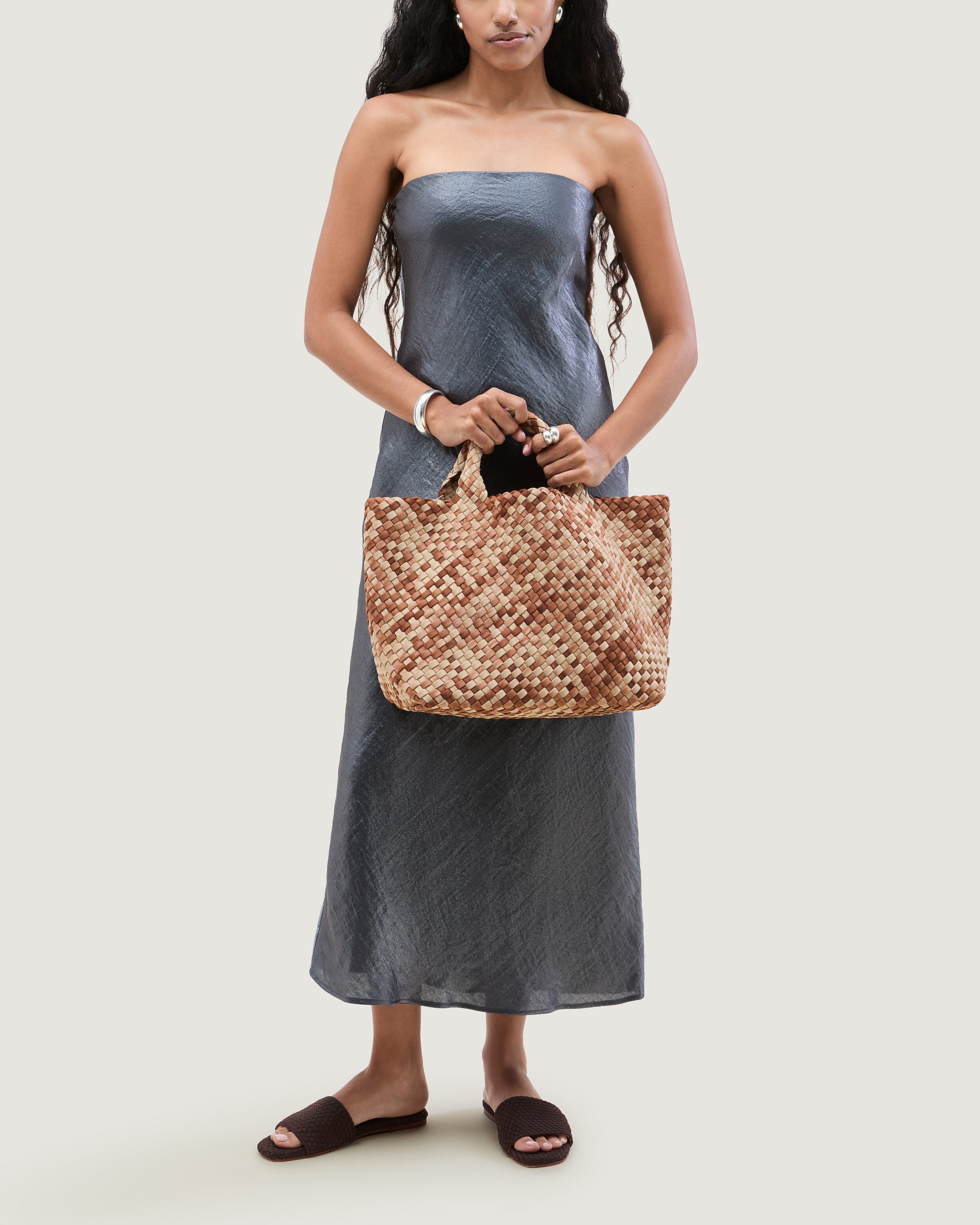 St. Barths Tote in Fez shown on model to illustrate scale and soft silhouette.