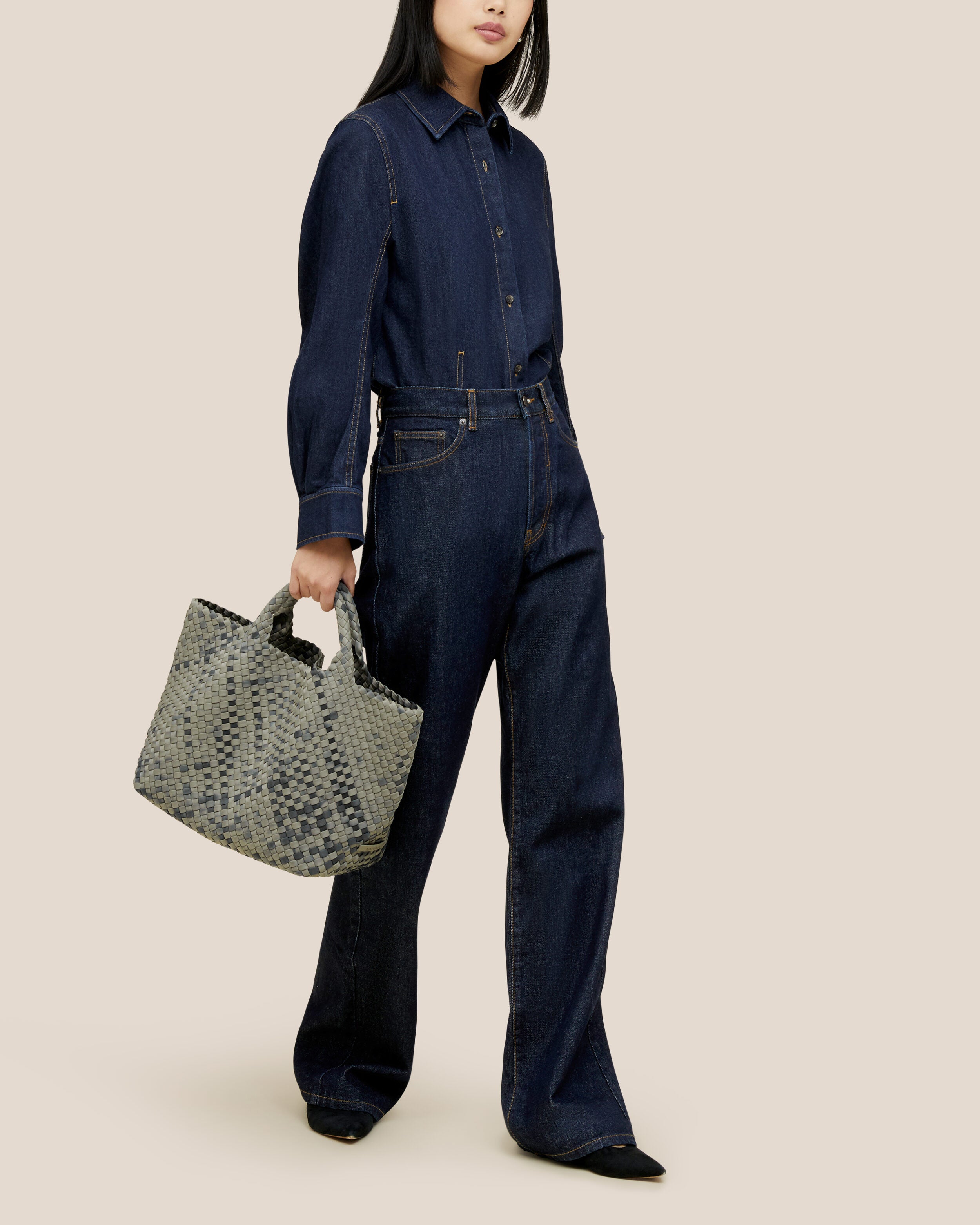 St. Barths Tote in Neptune shown on model to illustrate scale and soft silhouette.