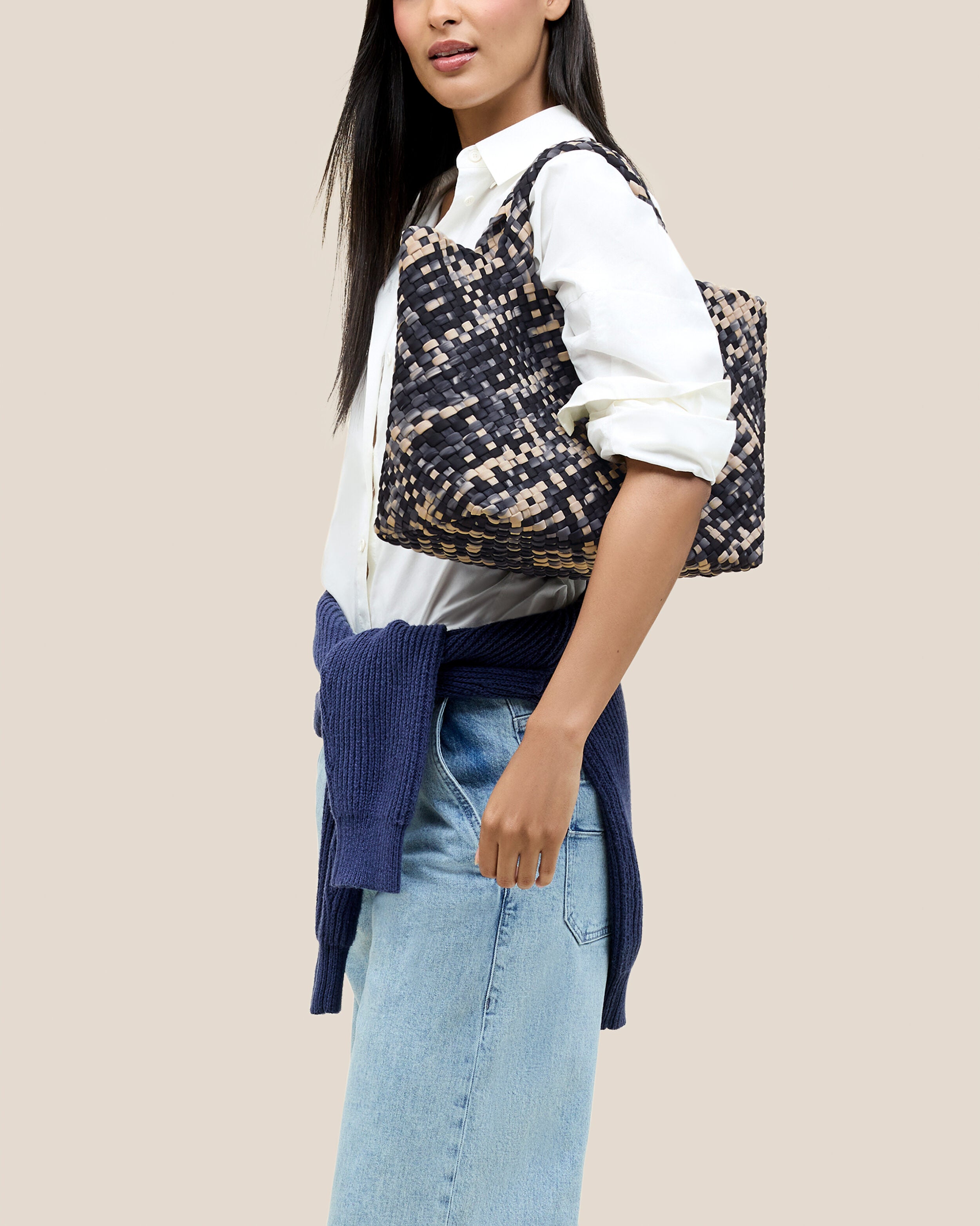 St. Barths Tote in Nimbus shown on model to illustrate scale and soft silhouette.