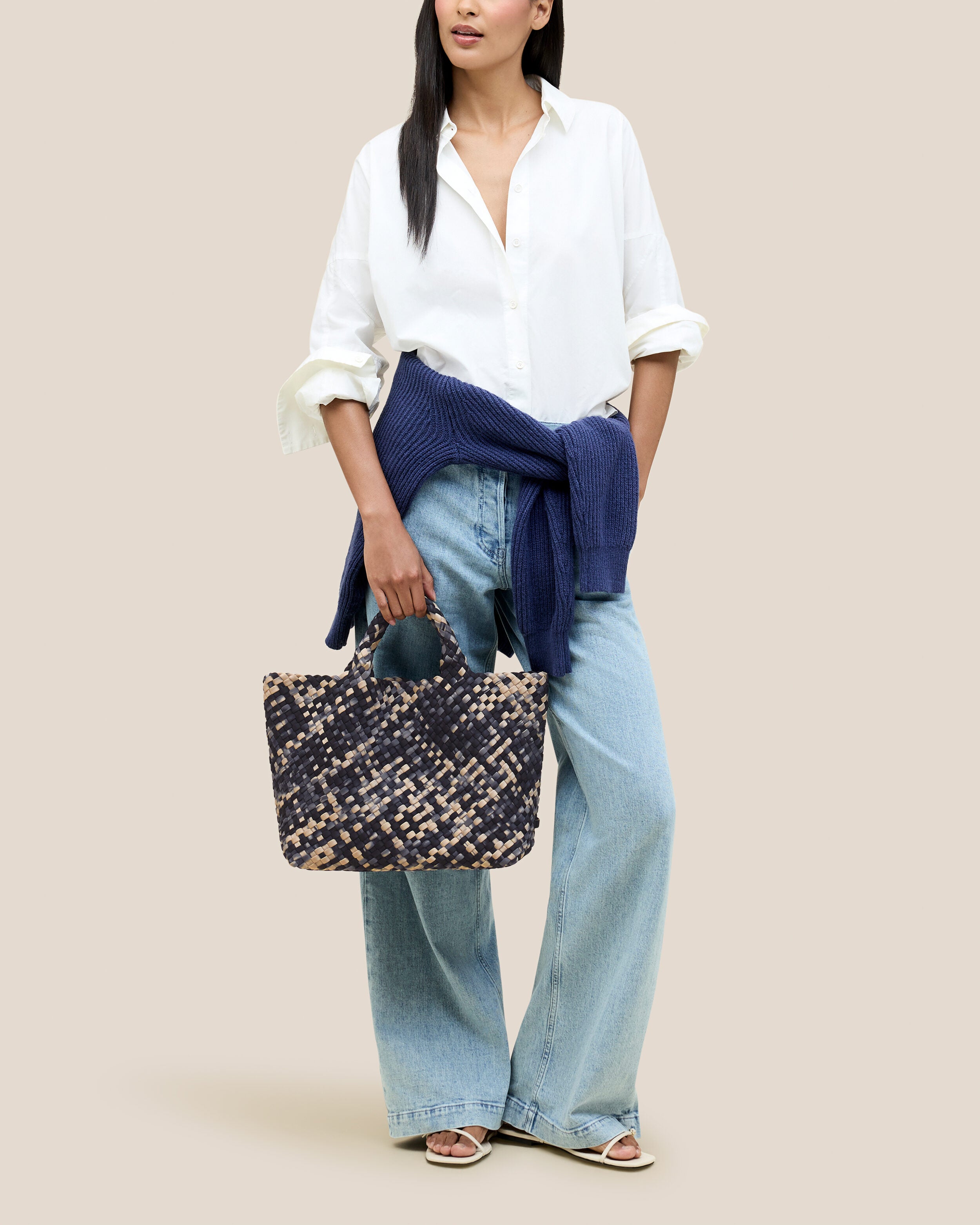 St. Barths Tote in Nimbus shown on model to illustrate scale and soft silhouette.