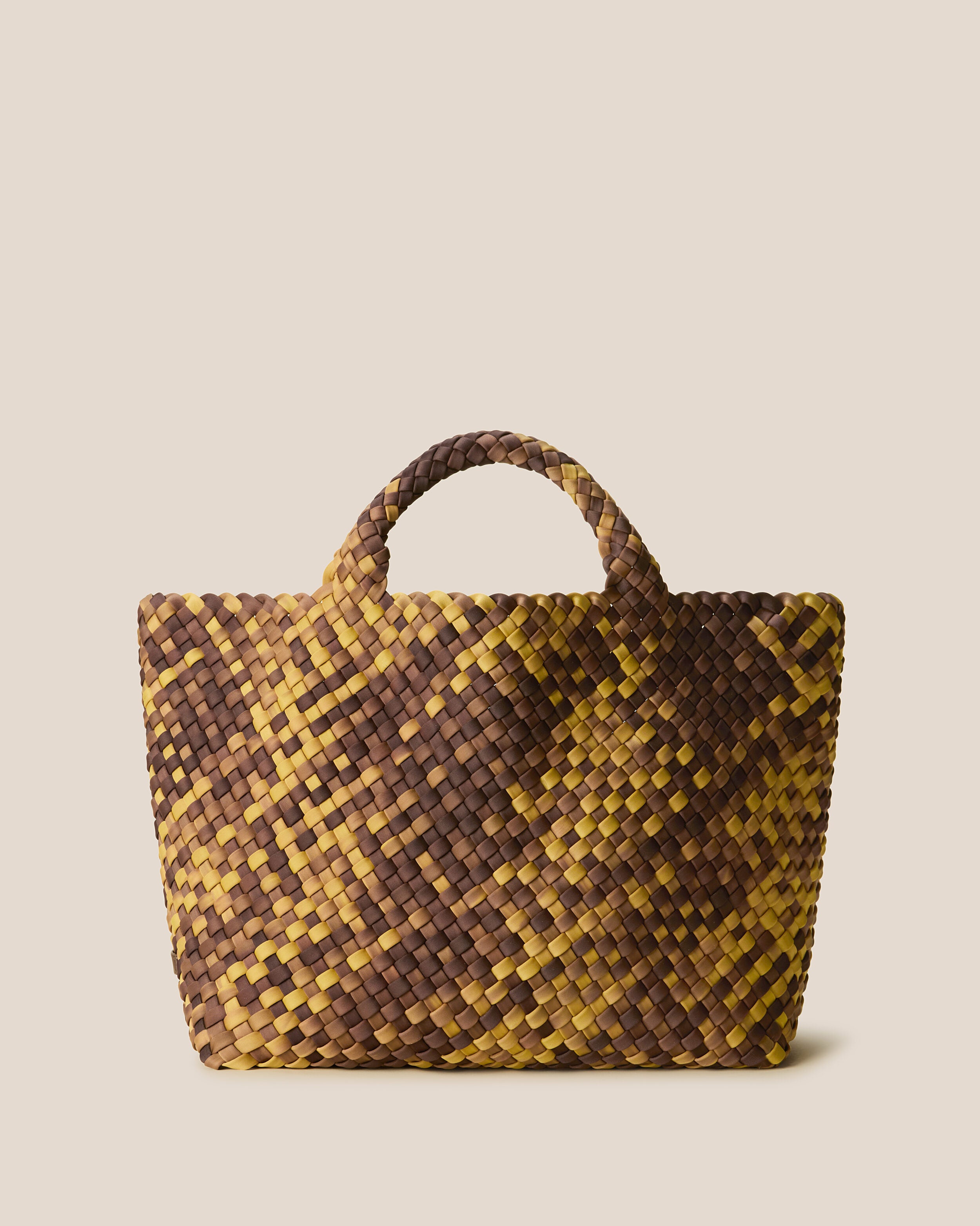 St. Barths Tote in Tortoiseshell, a mustard gold and dark chocolate brown tone, in handwoven neoprene, featuring an open top, and woven top handles.