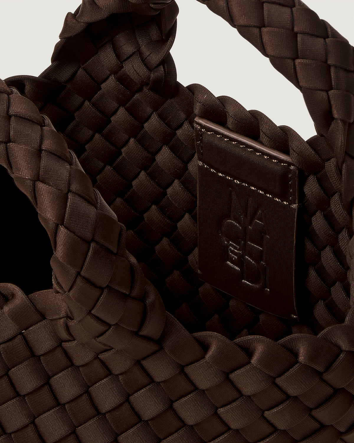 Interior close up of St Barths Tote in Linen showing open top, unlined interior, and magnetic closure.