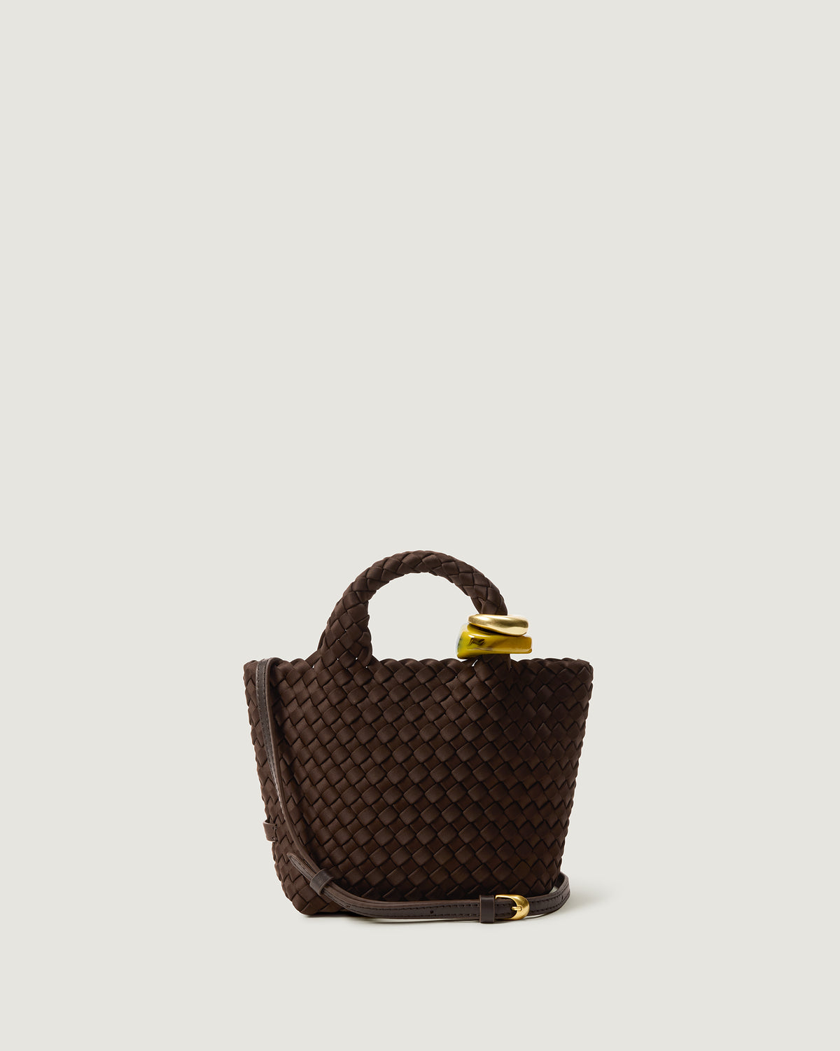 St. Barths Tote in Chocolate, an dark chocolate brown tone, in handwoven neoprene, featuring an open top, beads on front handle, and leather strap.