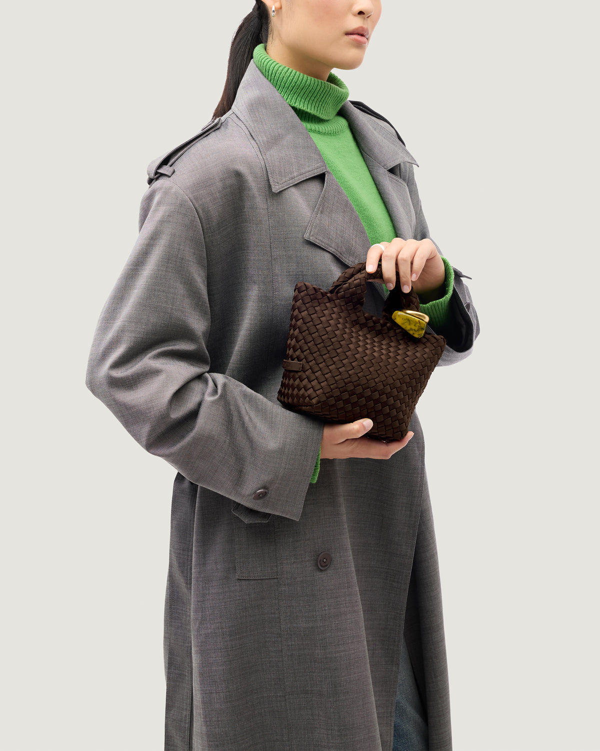 St. Barths Tote in Chocolate shown on model to illustrate scale and soft silhouette.
