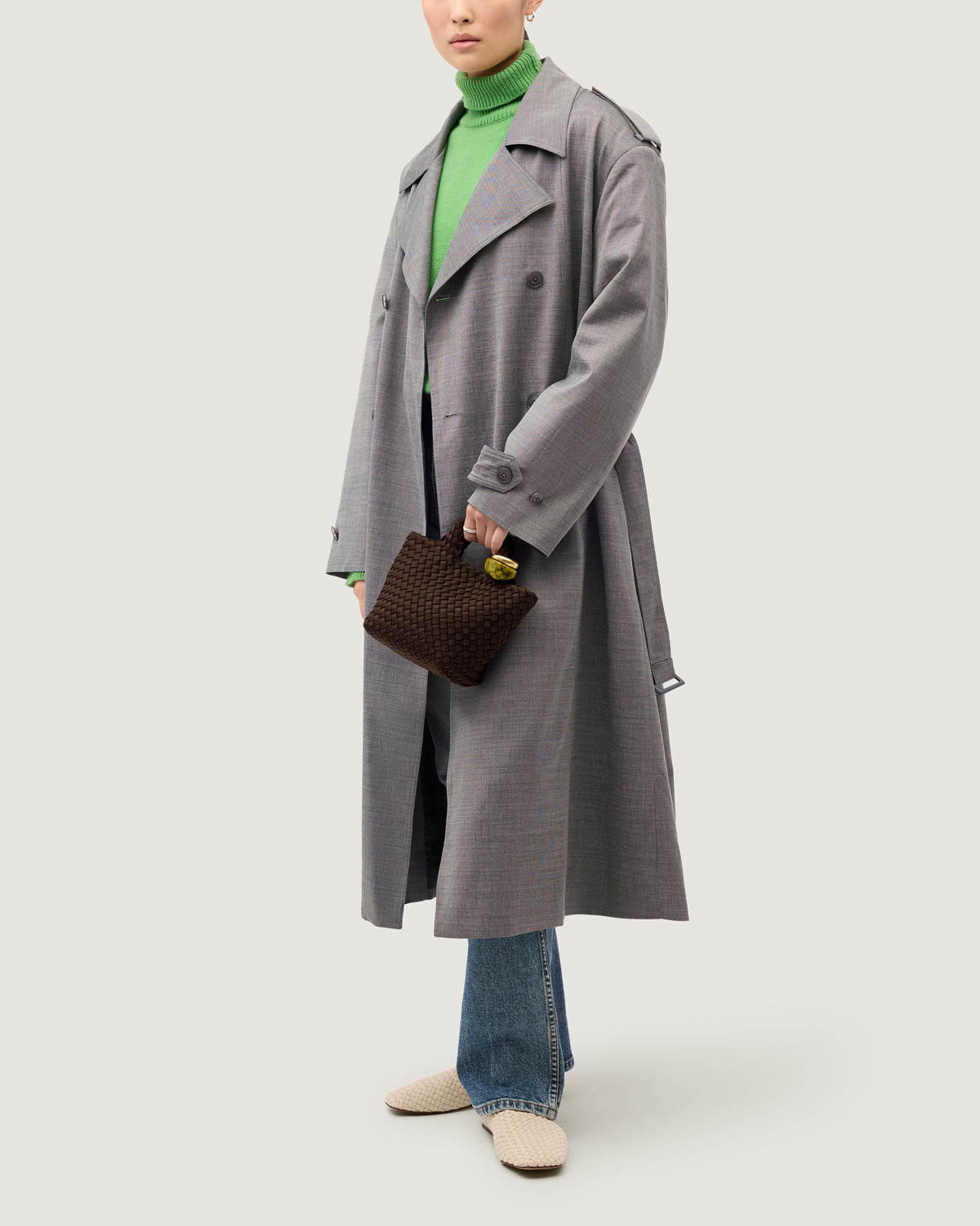 St. Barths Tote in Chocolate shown on model to illustrate scale and soft silhouette.