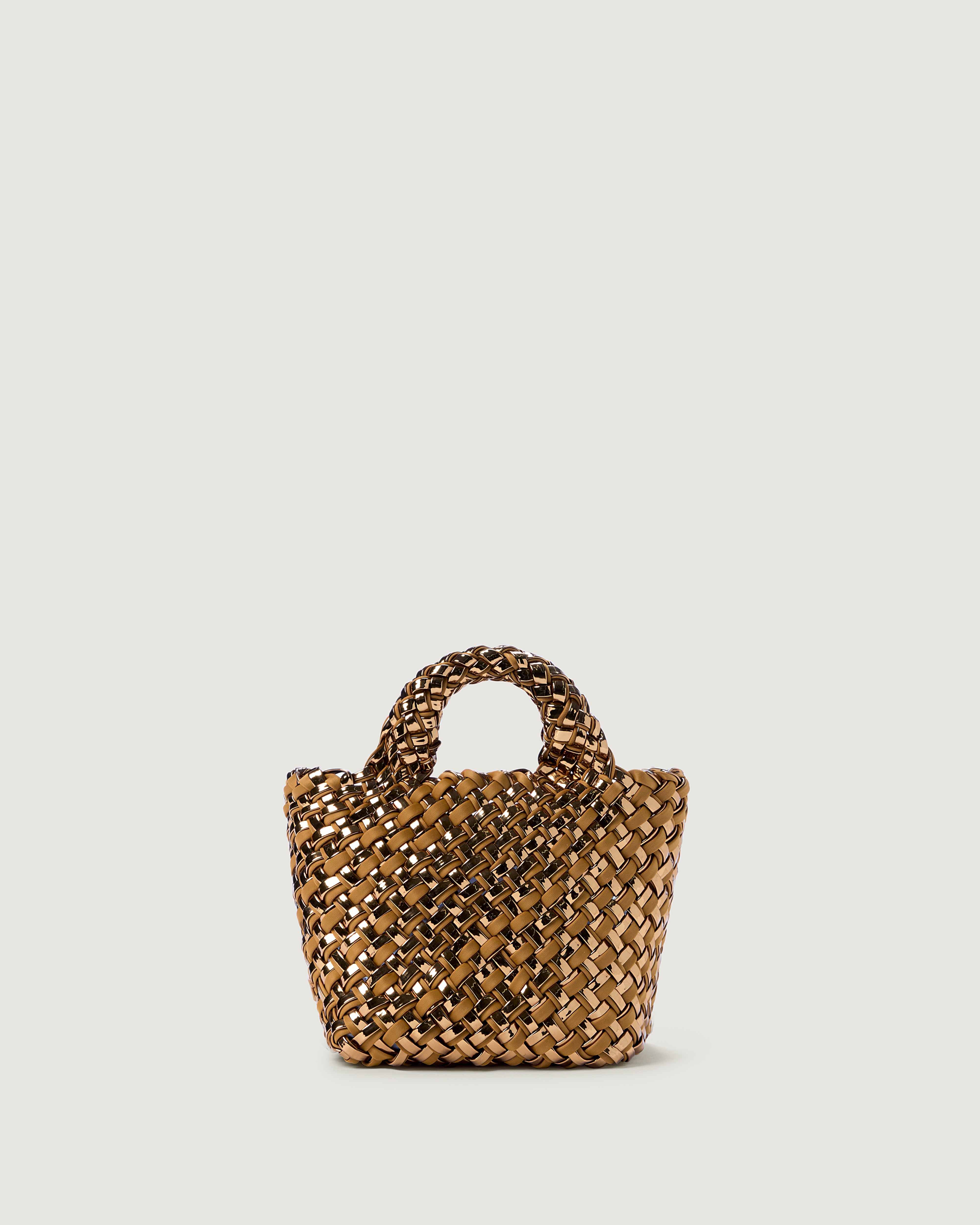 St. Barths Tote in Firenze, in handwoven metallic-coated nylon and neoprene, featuring an open top, and woven top handles.