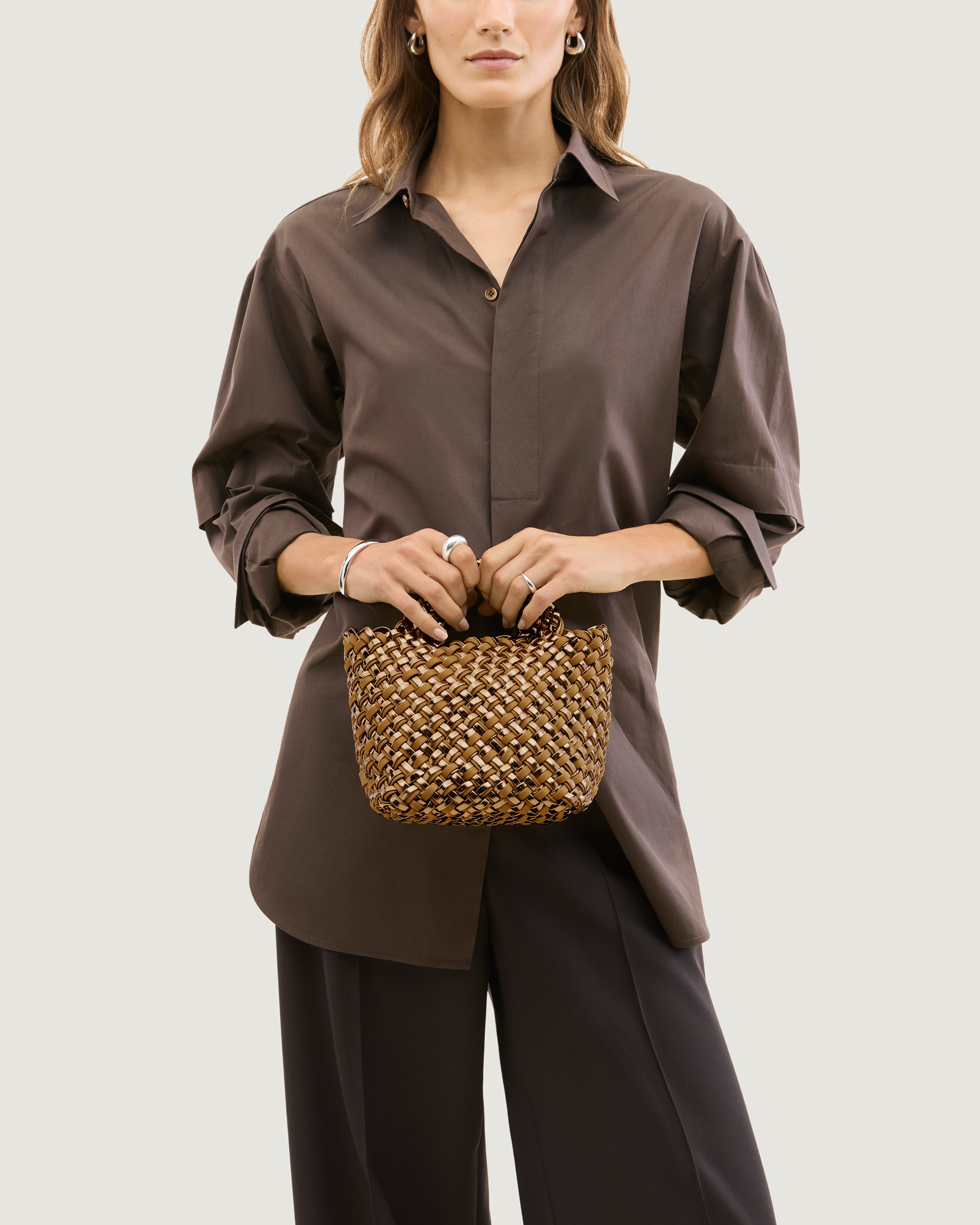 St. Barths Tote in Firenze shown on model to illustrate scale and soft silhouette.