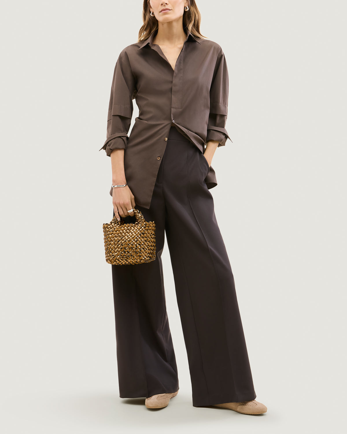 St. Barths Tote in Firenze shown on model to illustrate scale and soft silhouette.