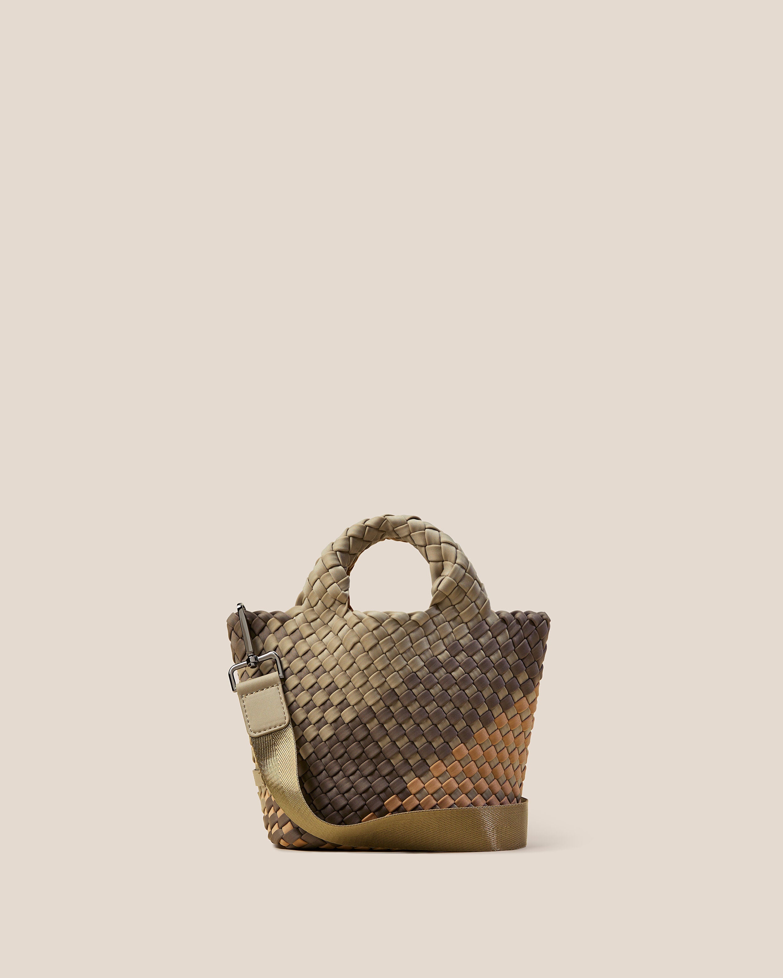 St. Barths Tote in Melbourne, a beige, muted earth brown and faded camel brown tone, in handwoven neoprene, featuring an open top, woven top handles, and detachable, adjustable nylon crossbody strap.