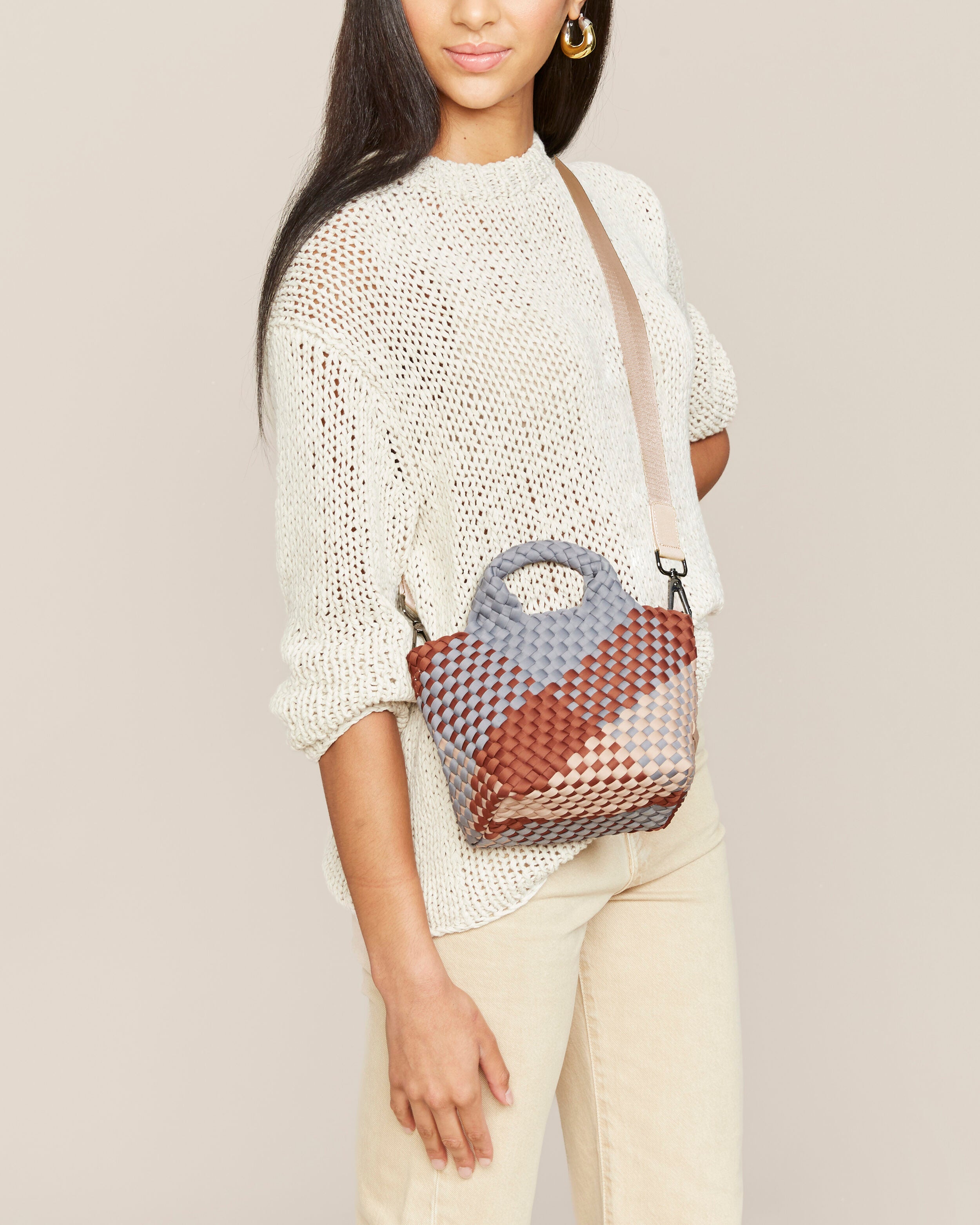 St. Barths Tote in Taos shown on model to illustrate scale and soft silhouette.