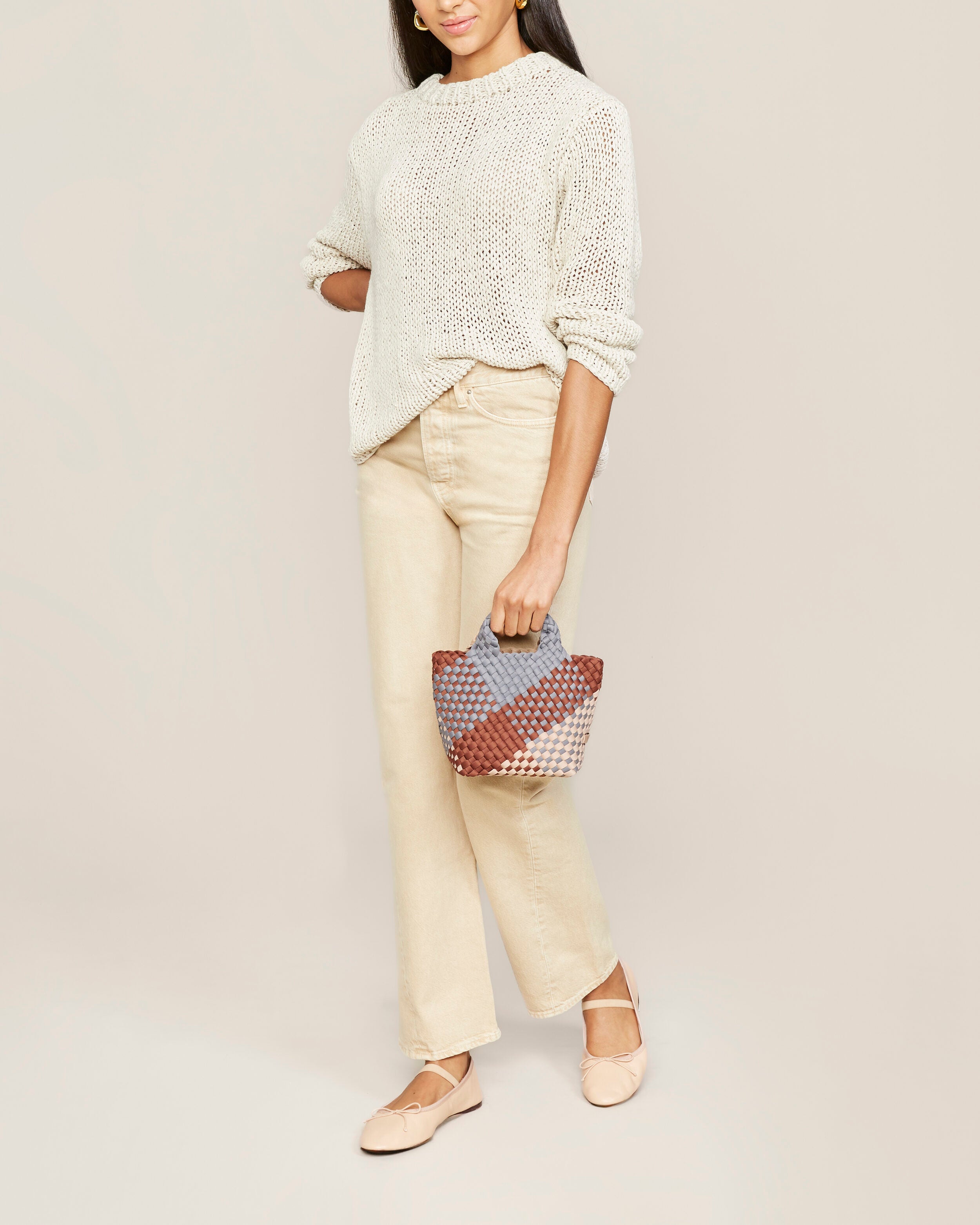 St. Barths Tote in Taos shown on model to illustrate scale and soft silhouette.