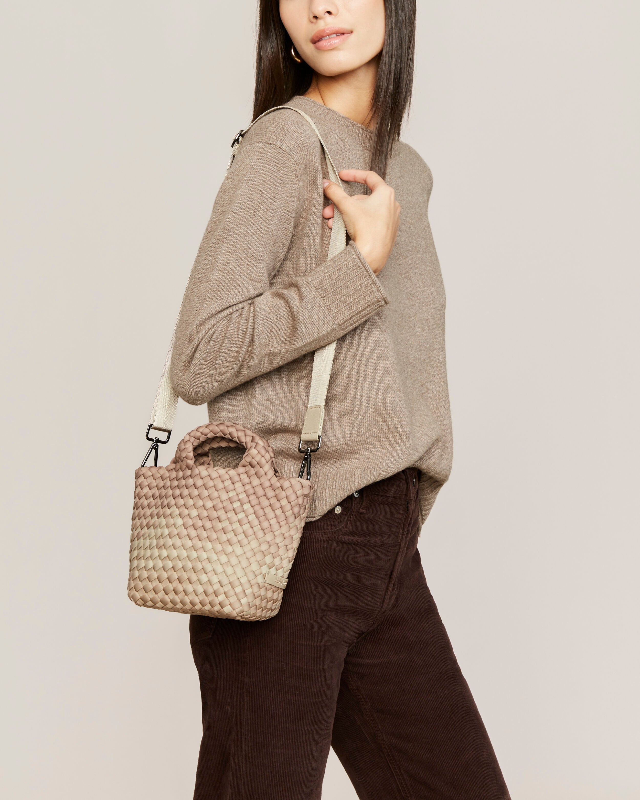 St. Barths Tote in Bronzed shown on model to illustrate scale and soft silhouette.