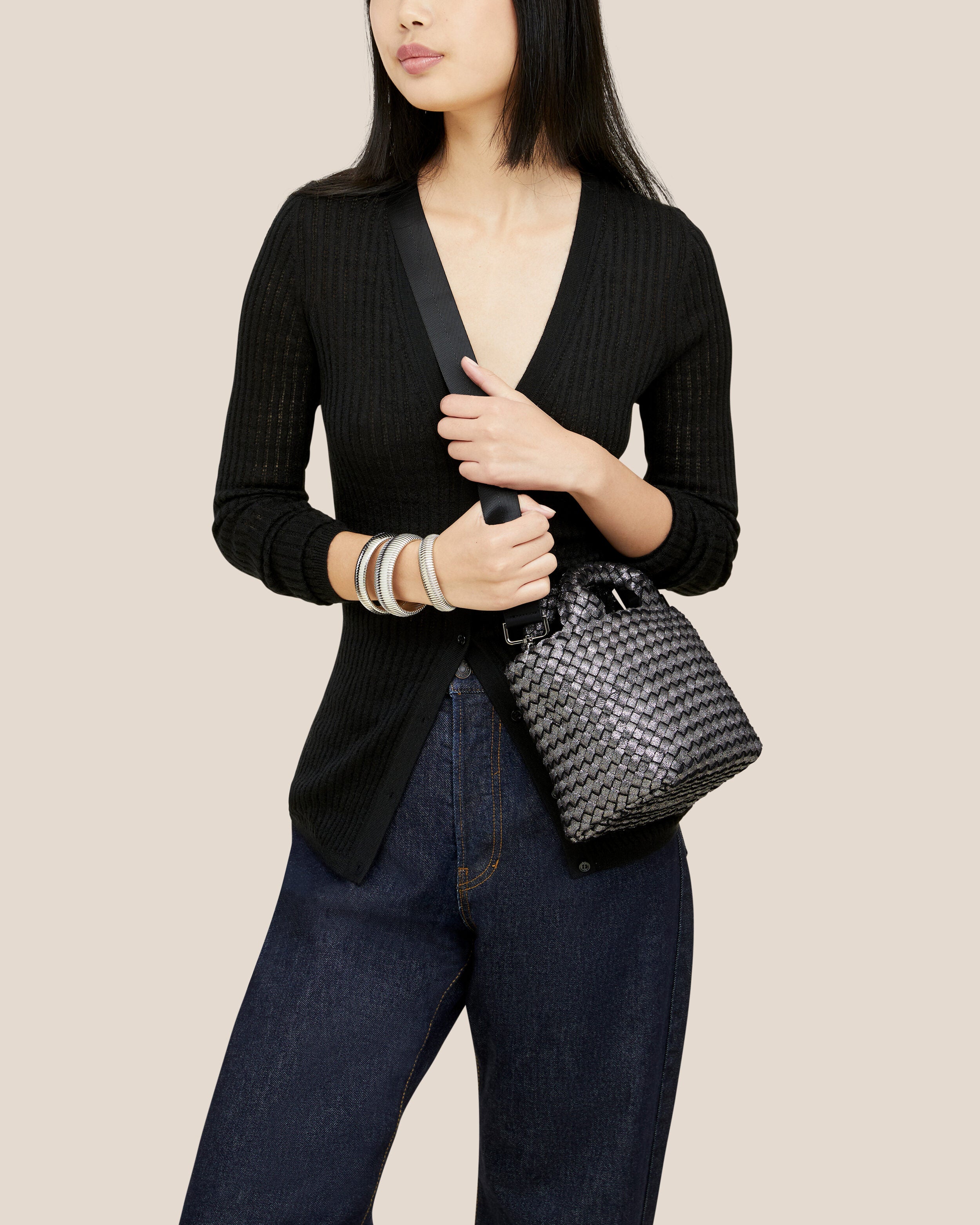 St. Barths Tote in Titanium shown on model to illustrate scale and soft silhouette.