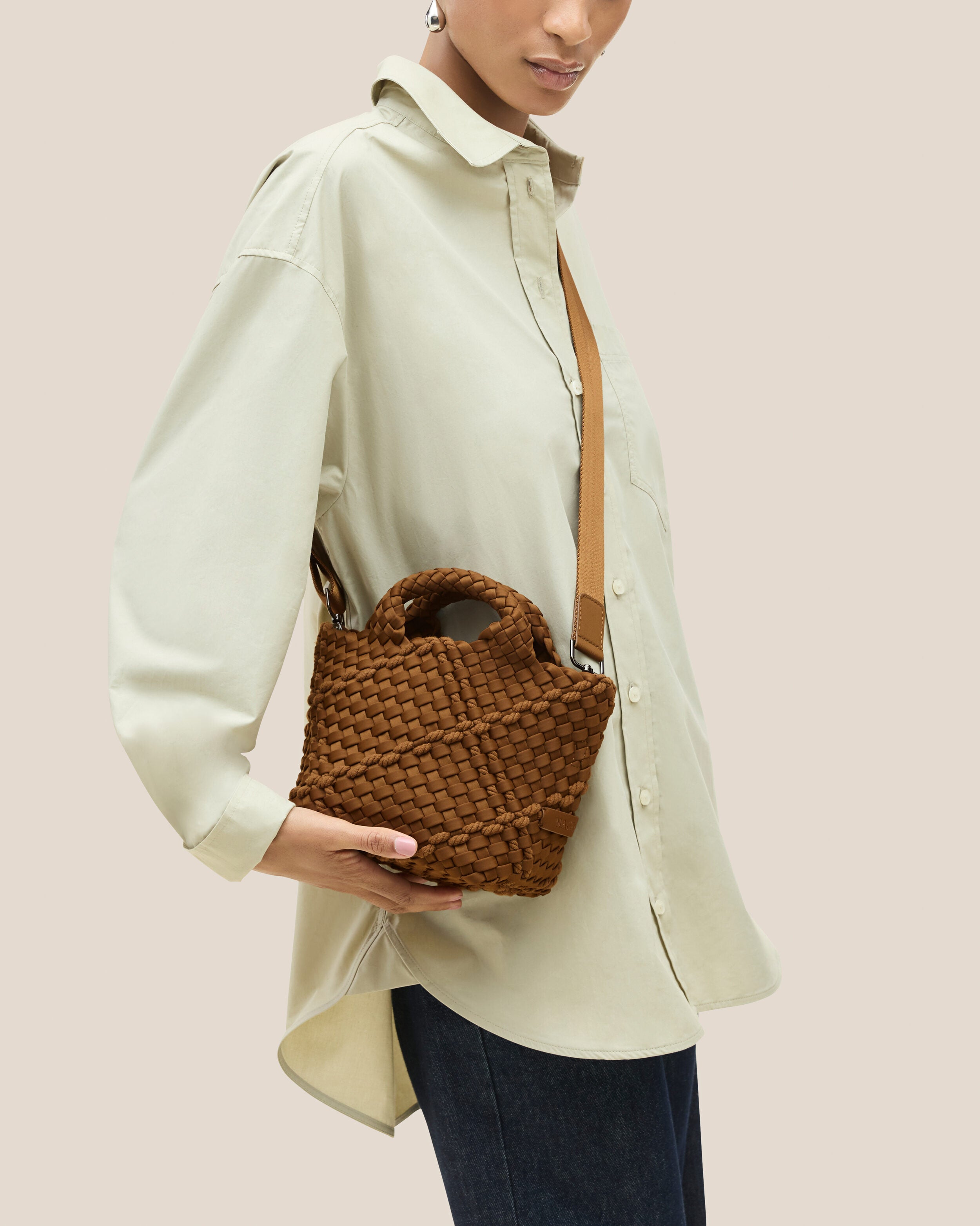 St. Barths Tote in Harbor shown on model to illustrate scale and soft silhouette.