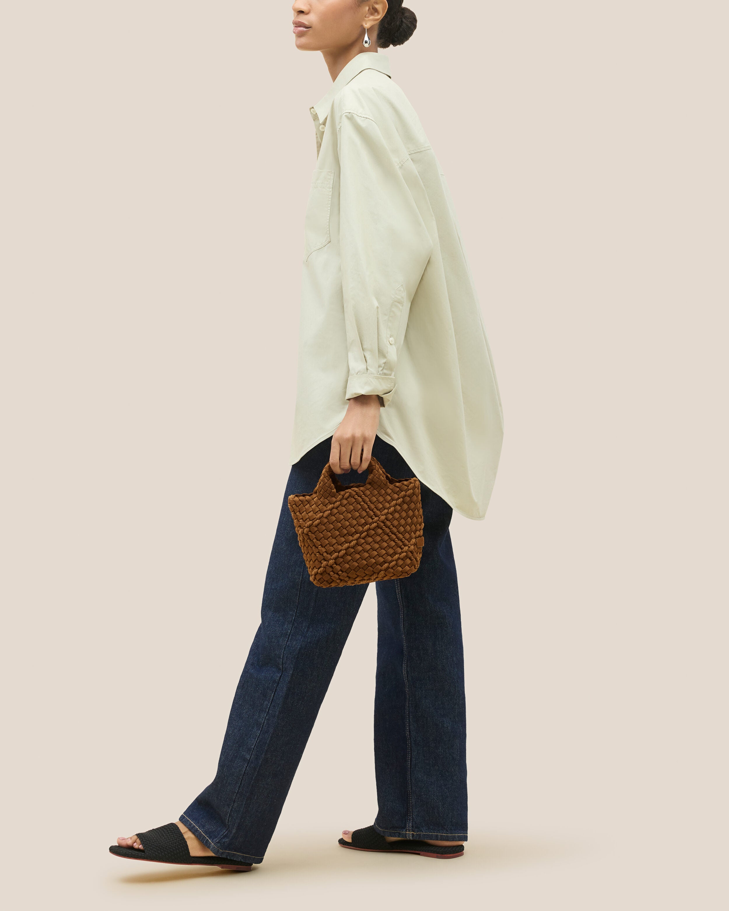 St. Barths Tote in Harbor shown on model to illustrate scale and soft silhouette.