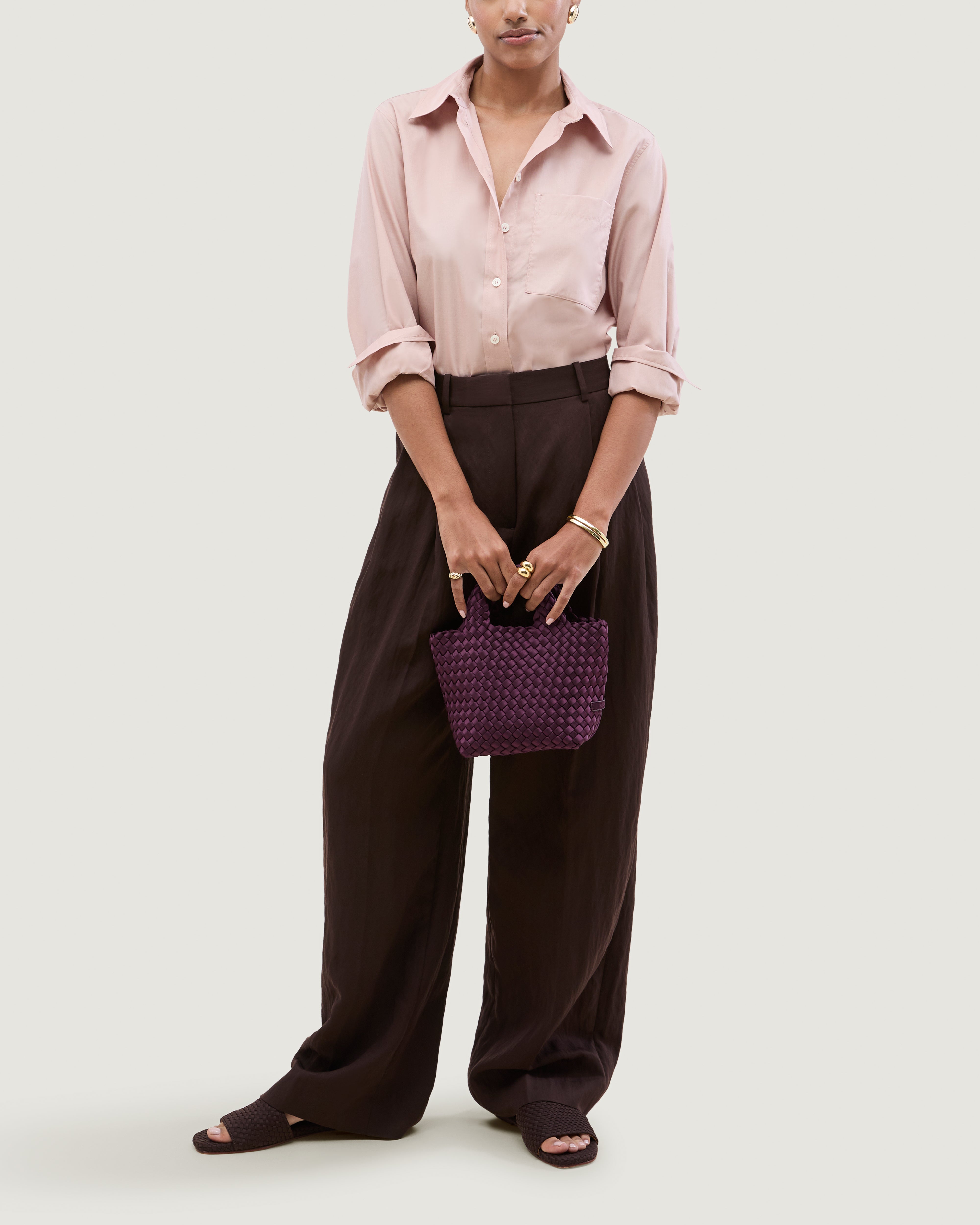 St. Barths Tote in Currant shown on model to illustrate scale and soft silhouette.