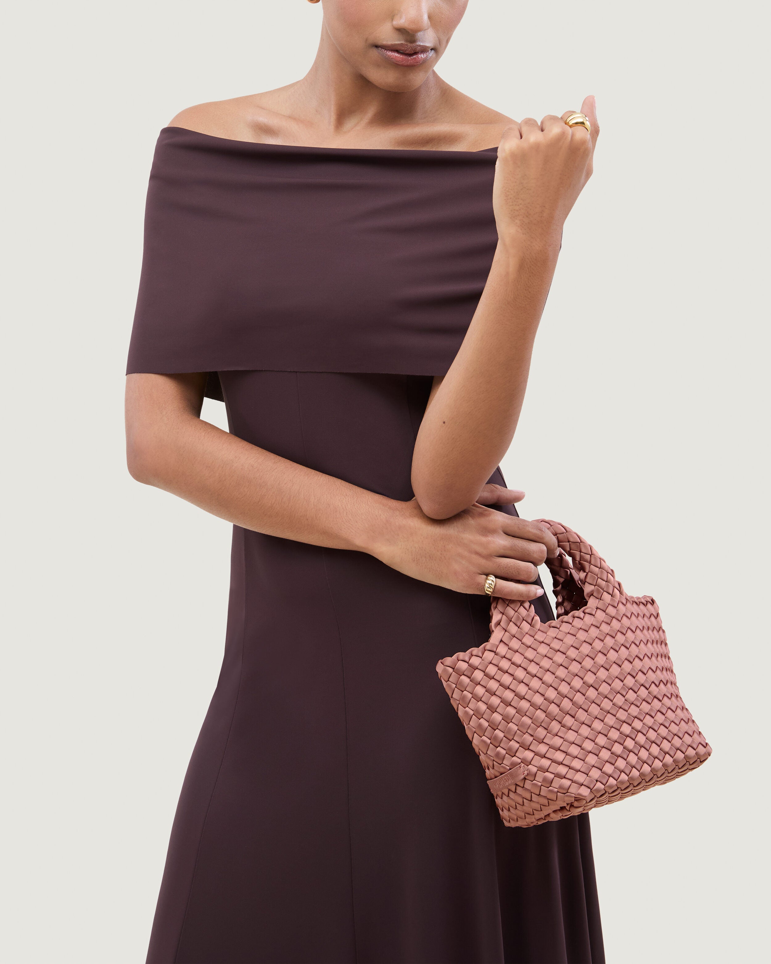 St. Barths Tote in Daphne shown on model to illustrate scale and soft silhouette.