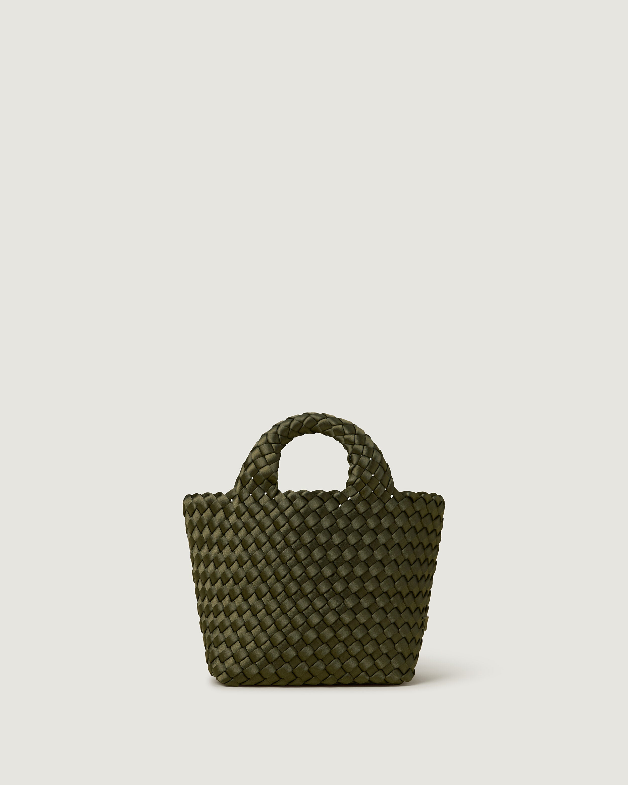 St. Barths Tote in Juniper, a forest green  tone, in handwoven neoprene, featuring an open top, and woven top handles.