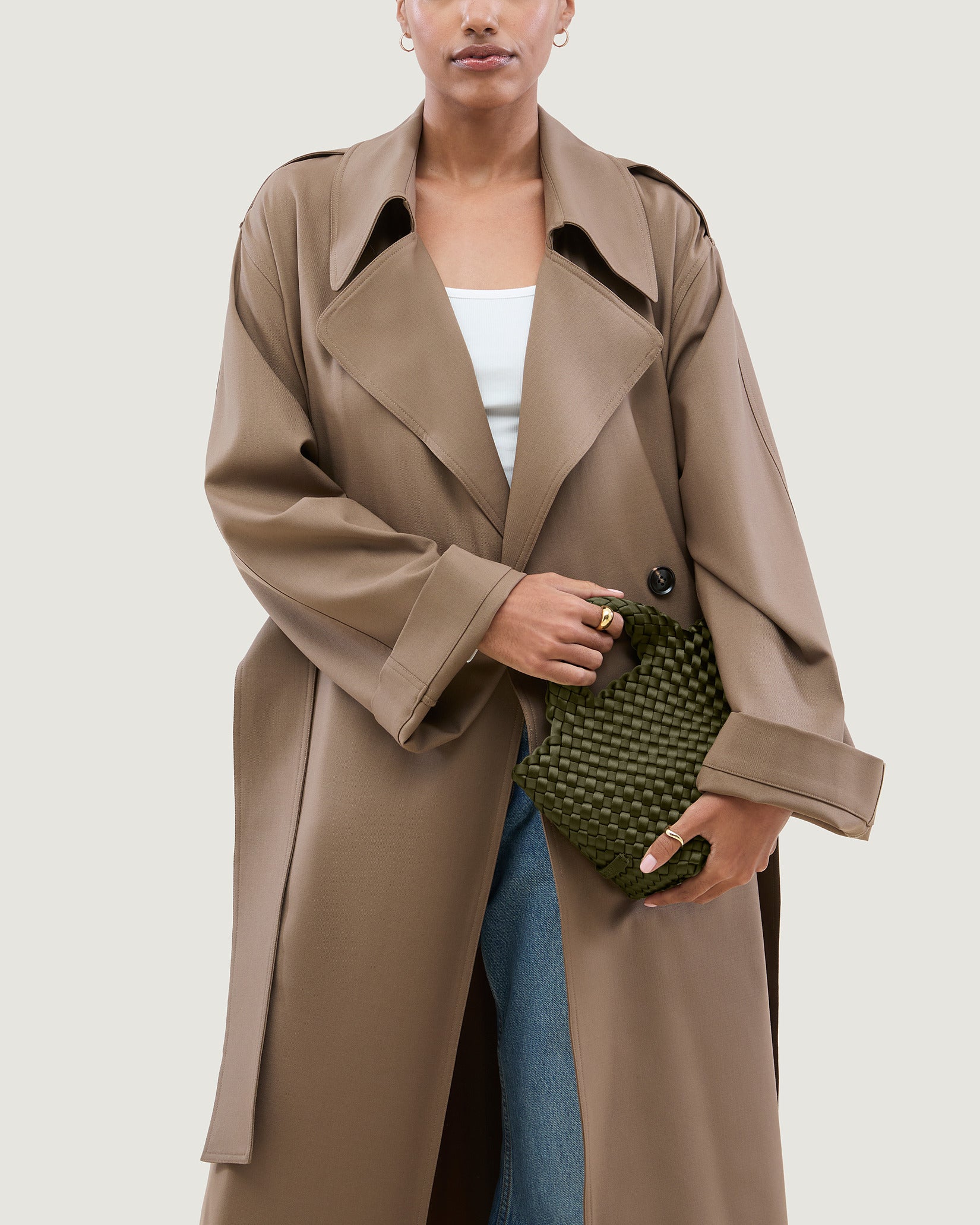 St. Barths Petit Satin Tote Bag in Juniper shown on model to illustrate scale and soft silhouette.