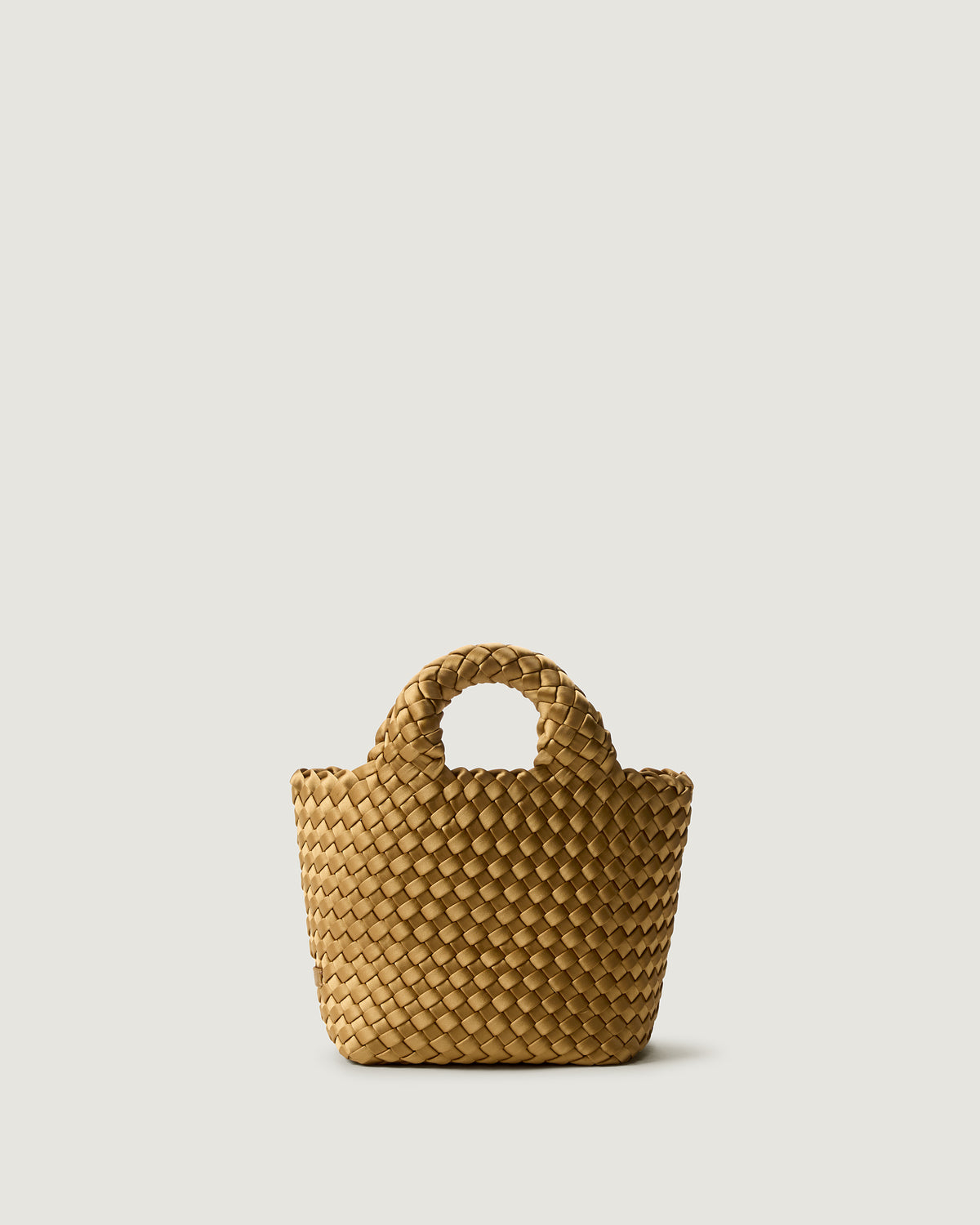 St. Barths Tote in Luce, a gold  tone, in handwoven satin, featuring an open top, magnetic closure, and woven top handles.