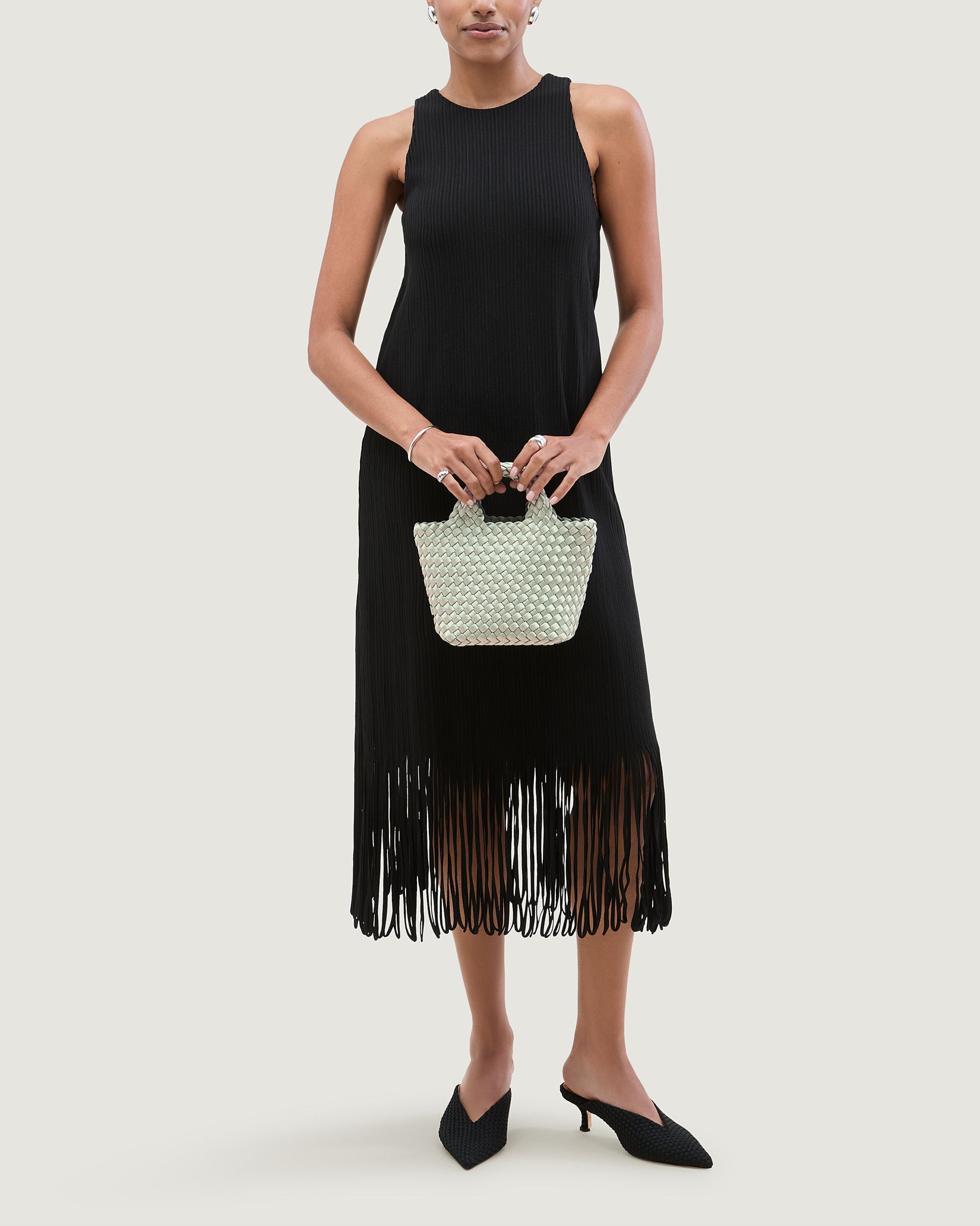 St. Barths Petit Satin Tote Bag in Wintergreen shown on model to illustrate scale and soft silhouette.