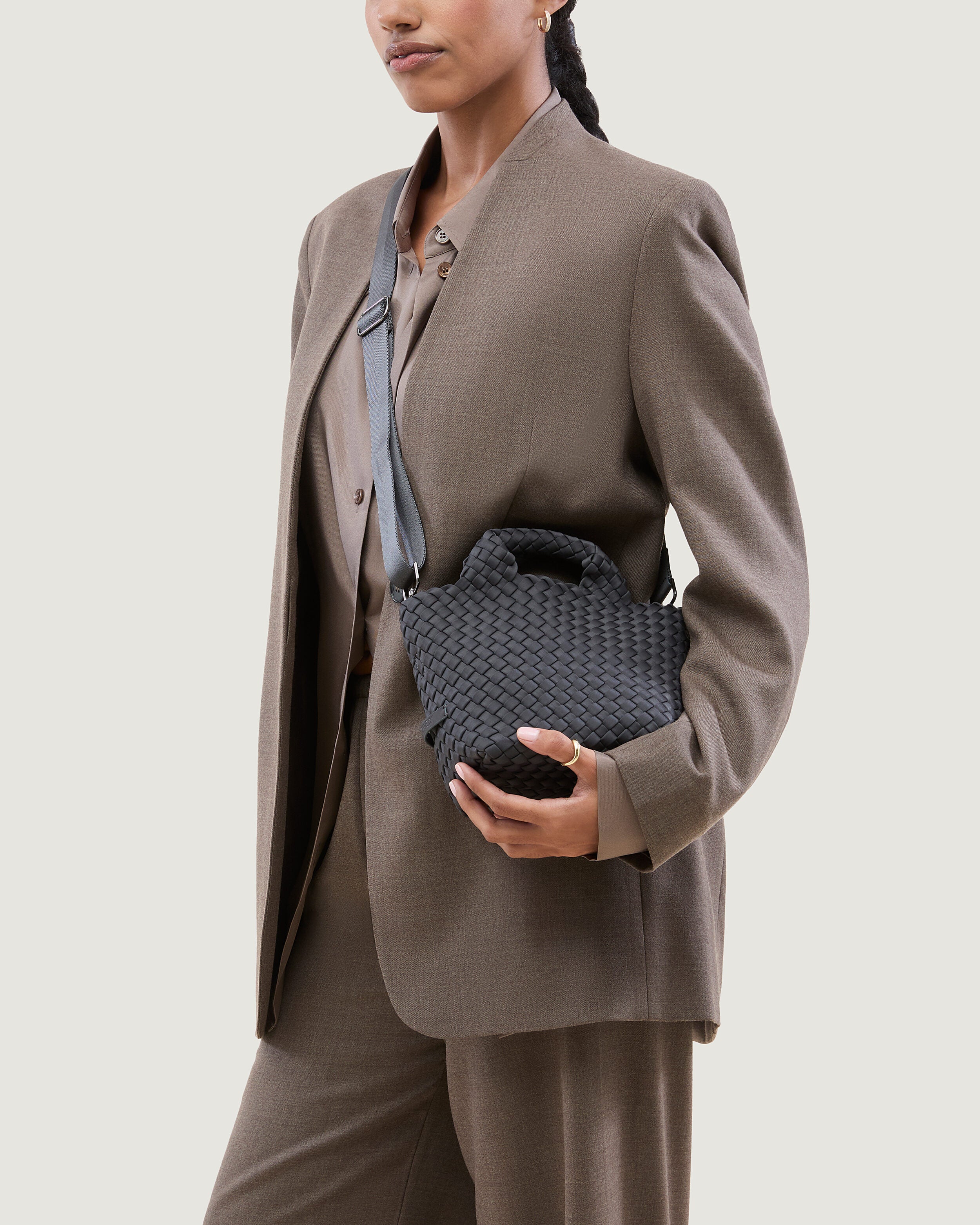 St. Barths Tote in Ash shown on model to illustrate scale and soft silhouette.