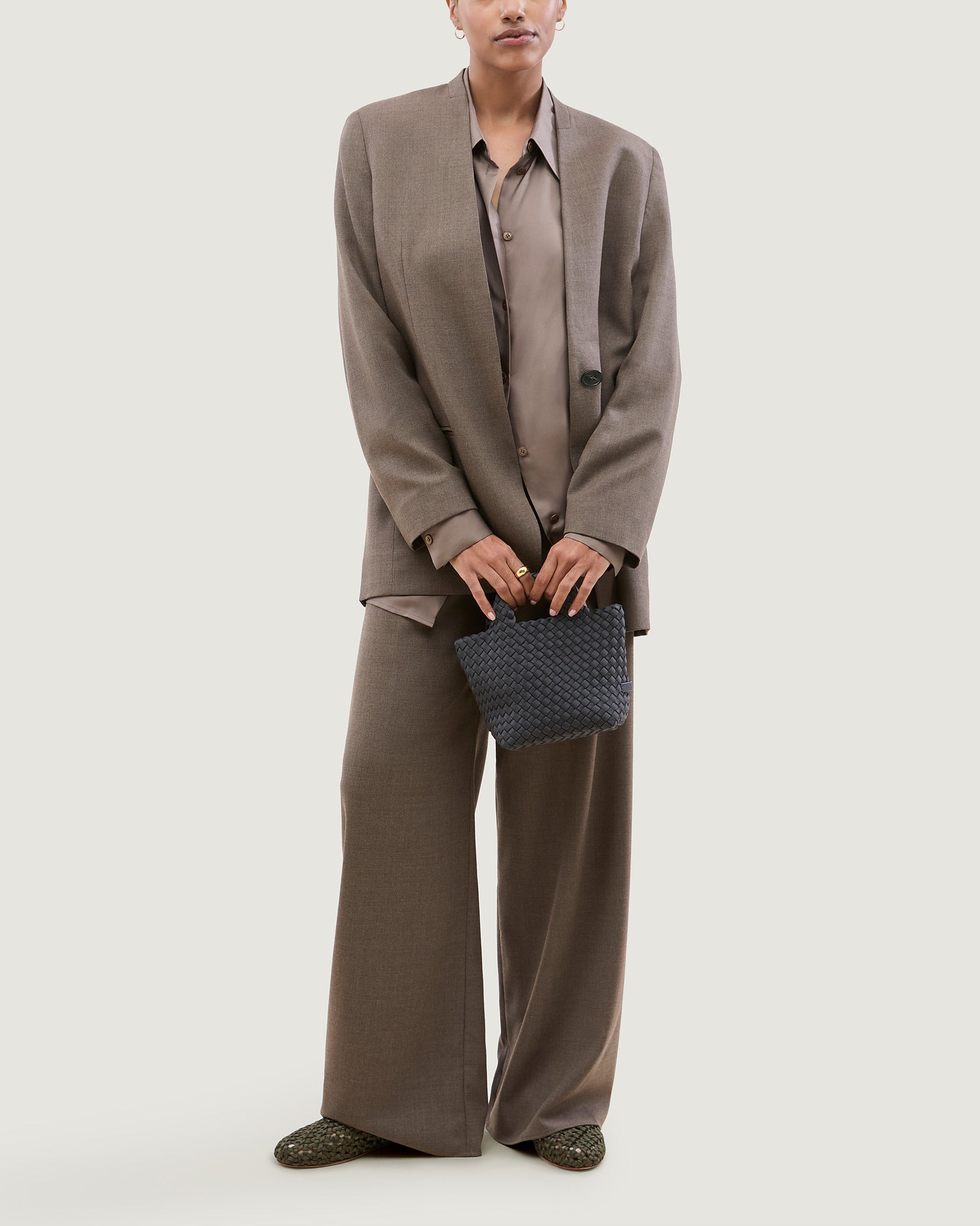St. Barths Petit Tote Bag in Ash shown on model to illustrate scale and soft silhouette.