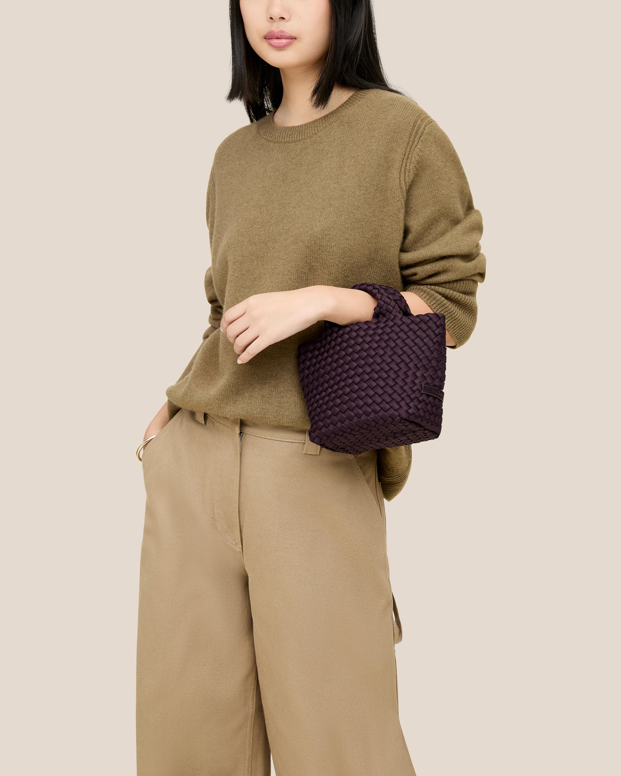 St. Barths Petit Tote in Aubergine | On Model Close Up