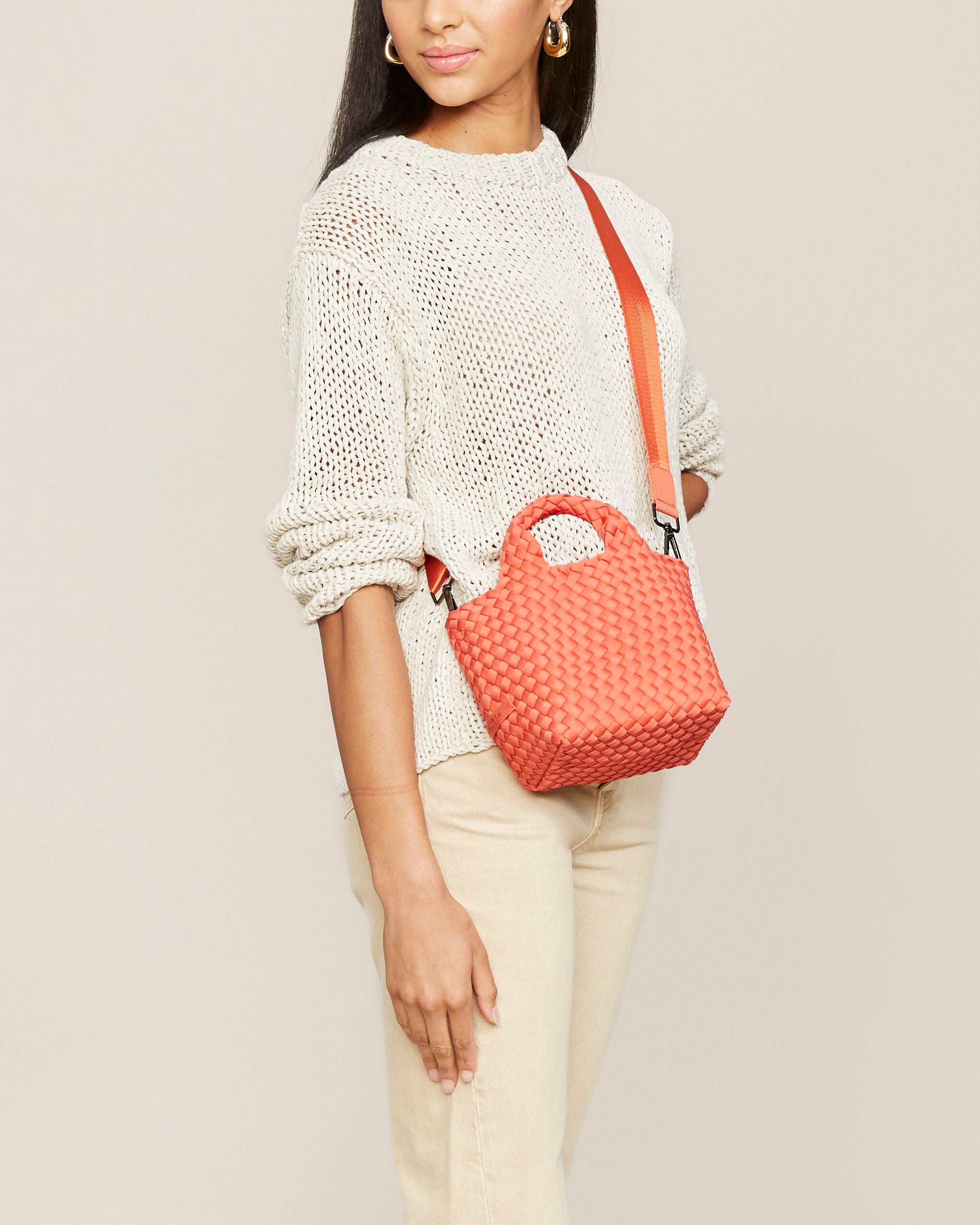 St. Barths Tote in Bonaire shown on model to illustrate scale and soft silhouette.